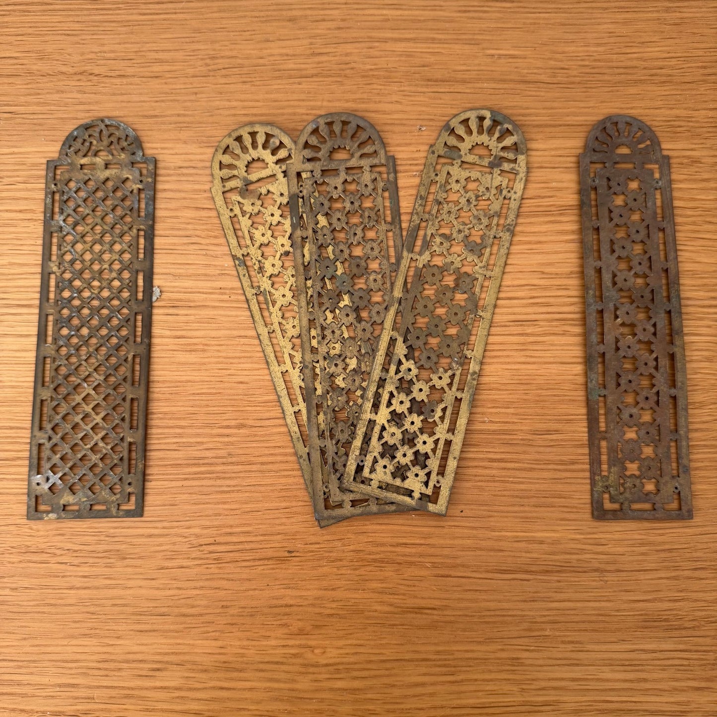 Set of 5 French vintage door plates Louis XVI style with ornate brass filigree designs