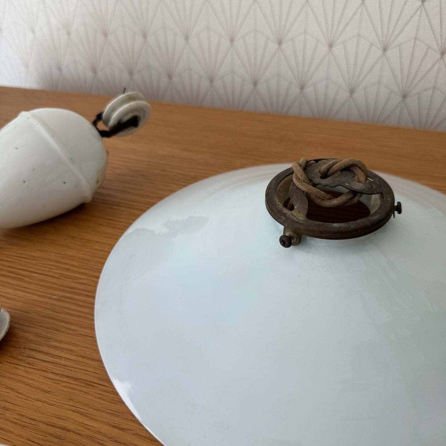 French vintage Rise and fall pendant light with opaline lampshade 0711253 Unbranded
