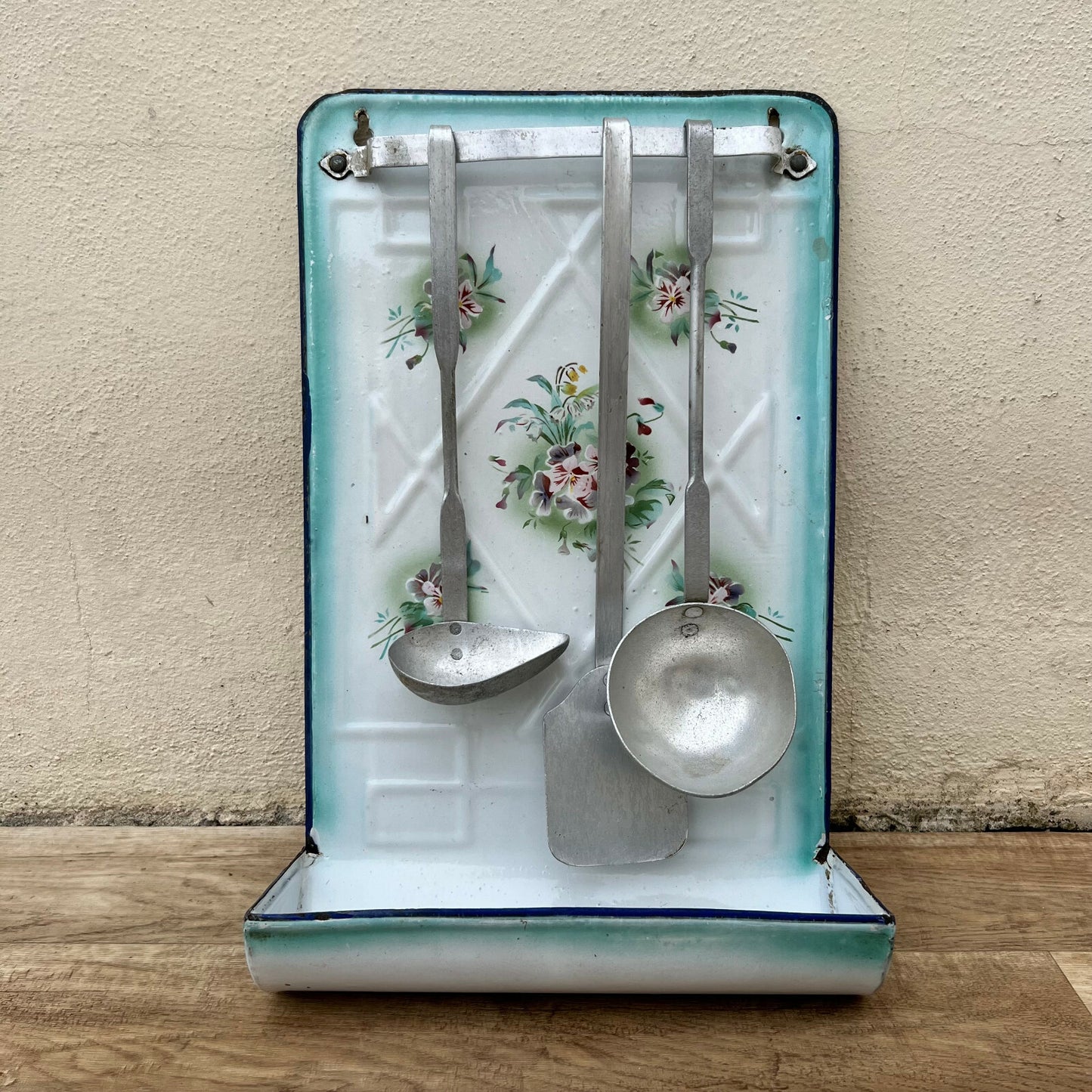 French Enamel Utensil Rack Wall Mount Floral Blue Green Vintage 23042232 Unbranded