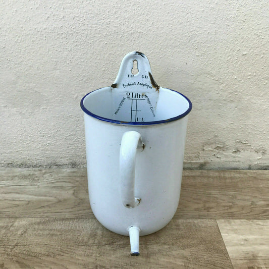 Antique French Enamel Irrigator Medical White Blue Enamelware Douche 0912193 Fleamarketfrance