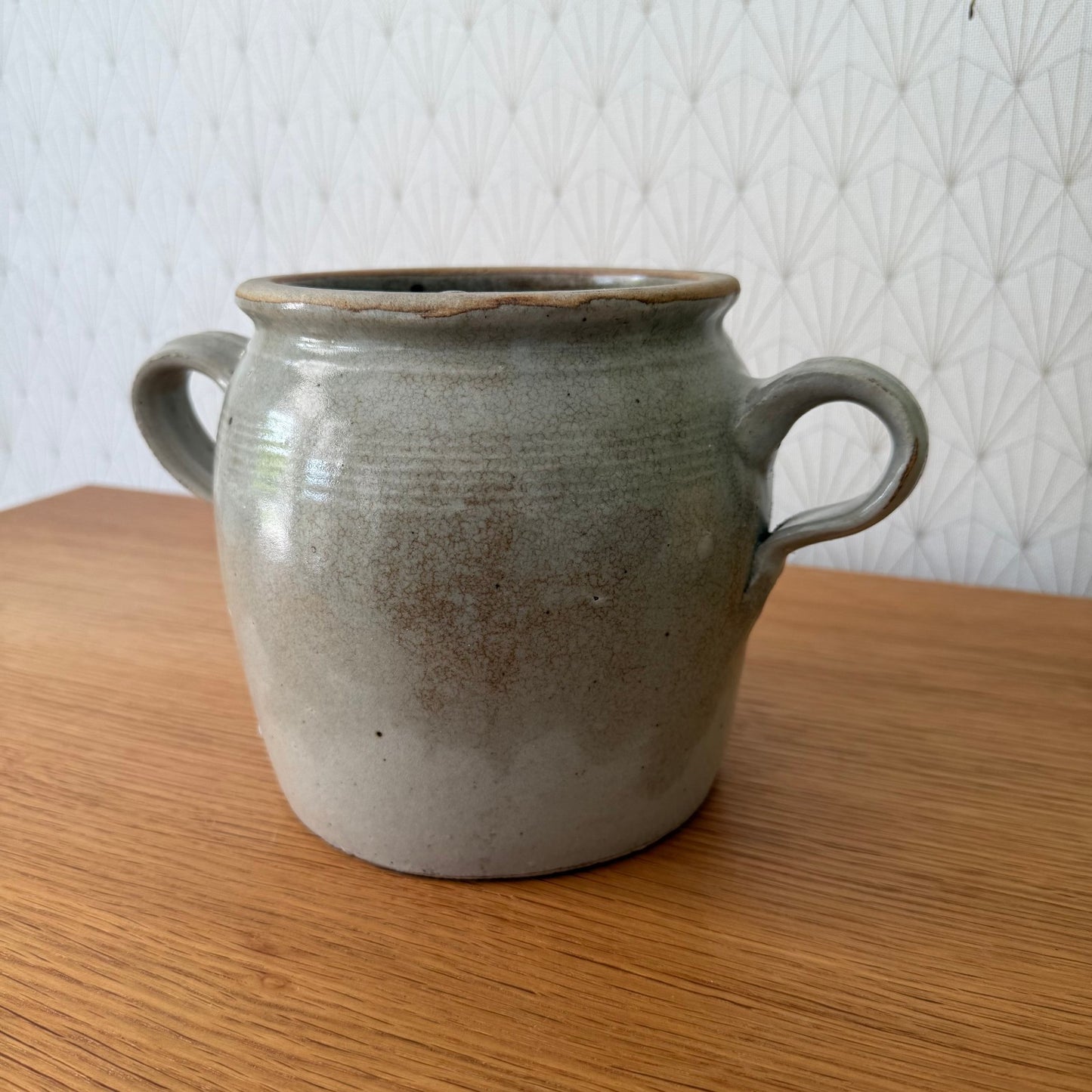 Handmade Glazed Grey Vintage French Confit Grease Pot Stoneware  2307258