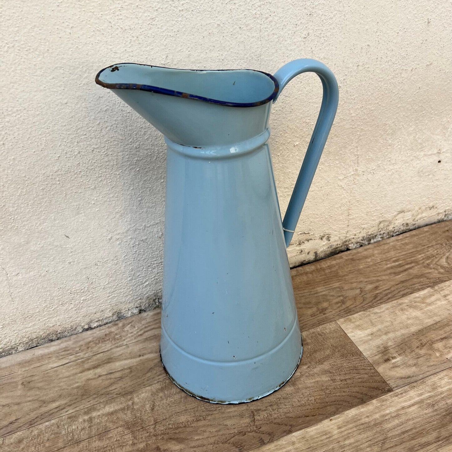 Vintage French Enamel pitcher jug water enameled blue grey 1512244 - Fleamarketfrance