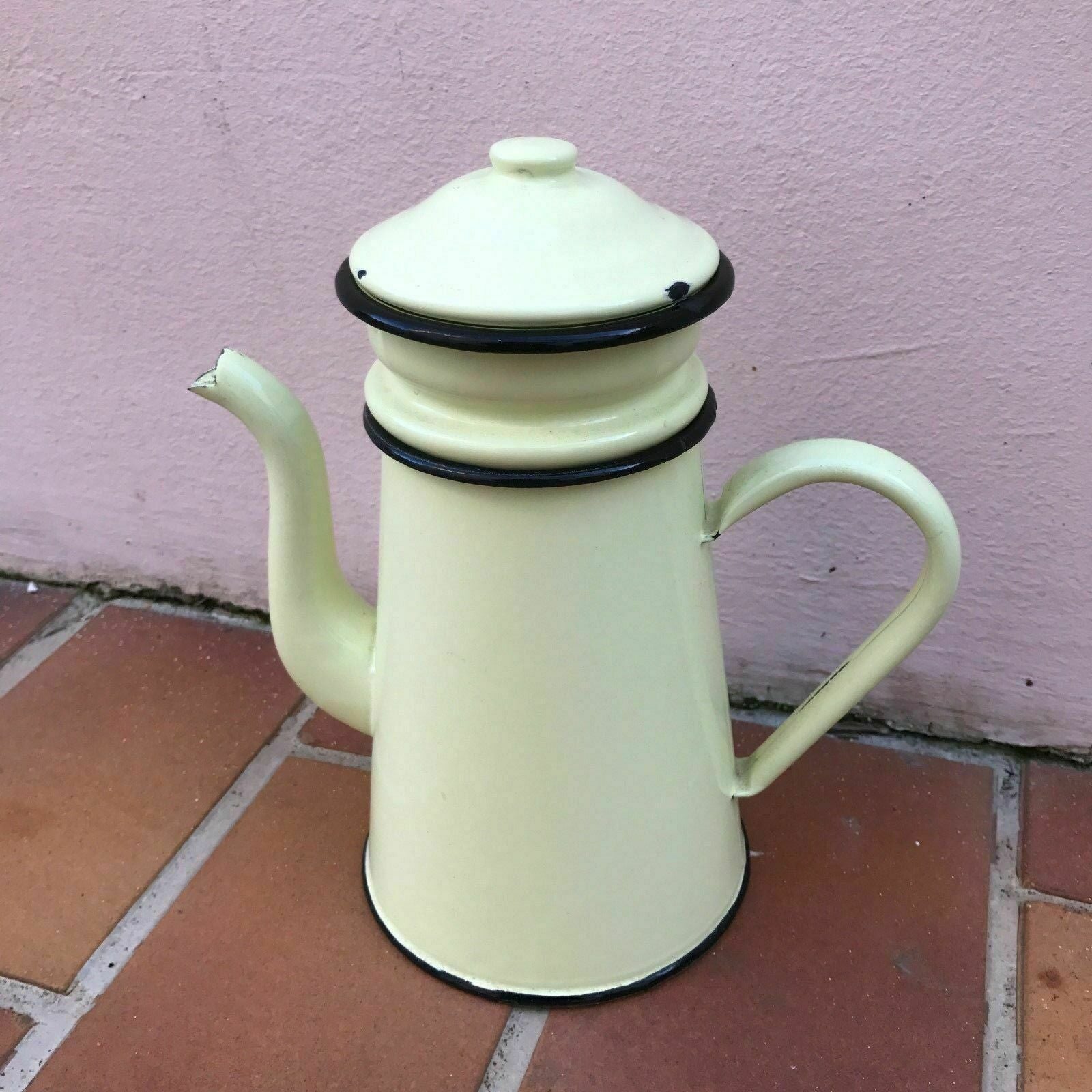 Vintage French Enamel Coffee Pot Green Yellow Black Trim Kitchenware 4 Fleamarketfrance