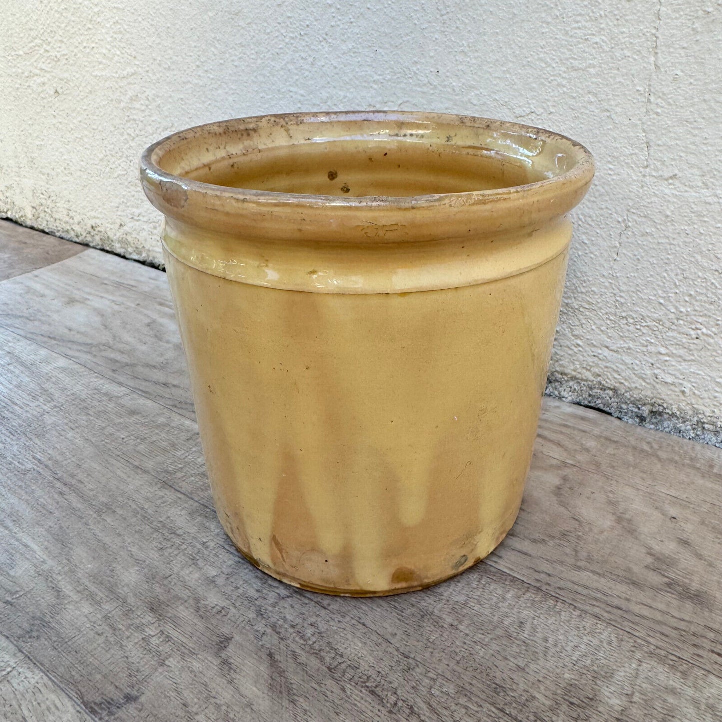 HANDMADE GLAZED YELLOW ANTIQUE FRENCH CONFIT POT TERRACOTTA 6" 0410234 - Fleamarketfrance