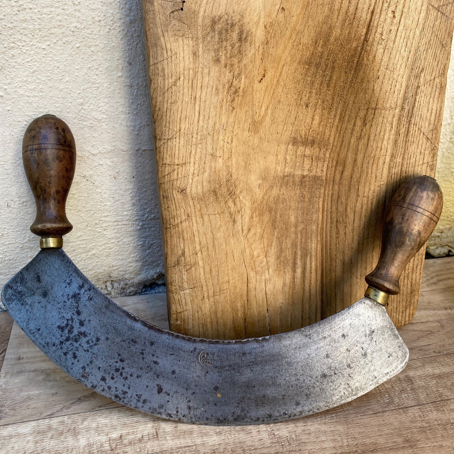 Antique French Wooden Cutting Board & Hachoir Mezzaluna Set 0707266 Unbranded