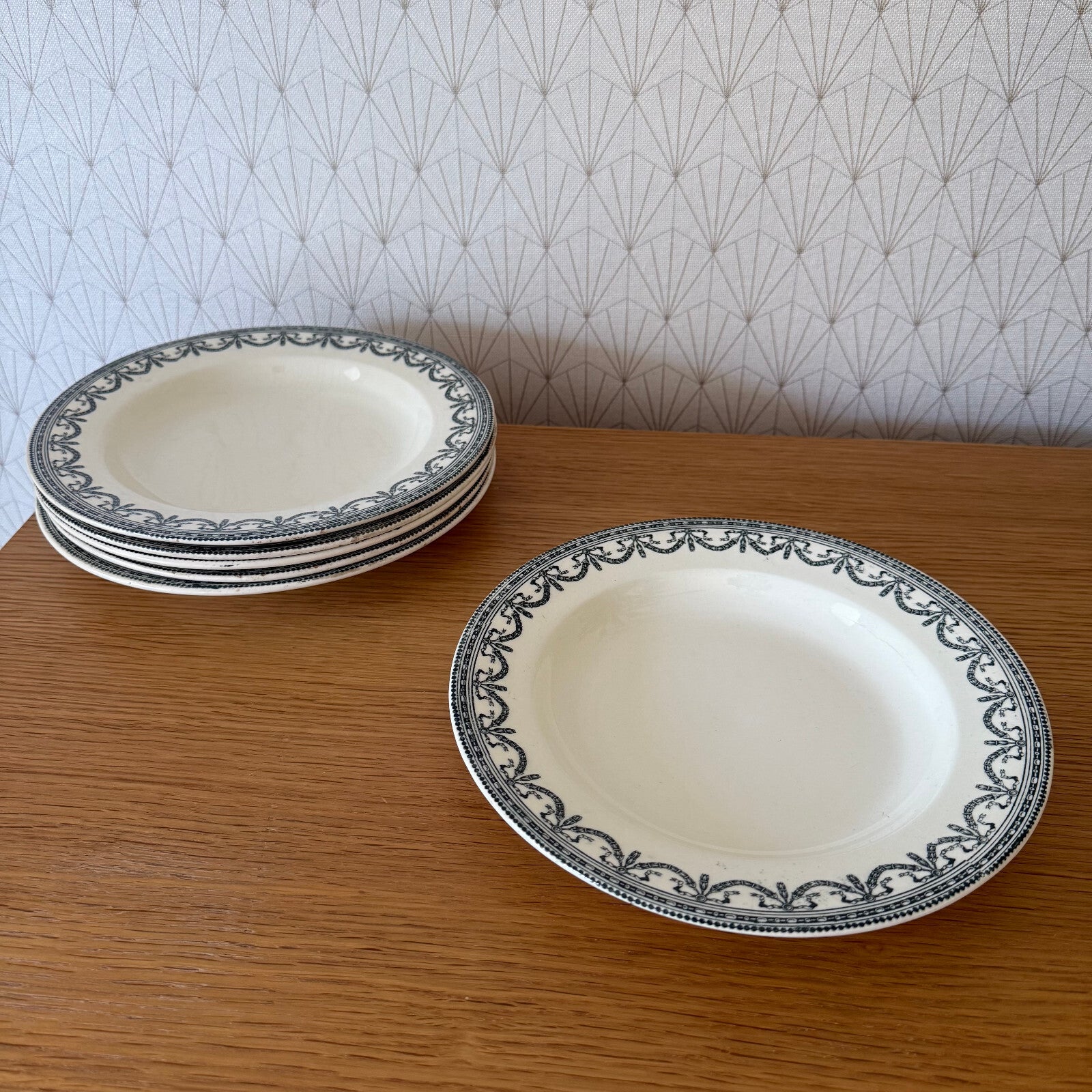 French Antique Ironstone Soup Plates Louis XVI Garlands Salins 19th 0505255 salins