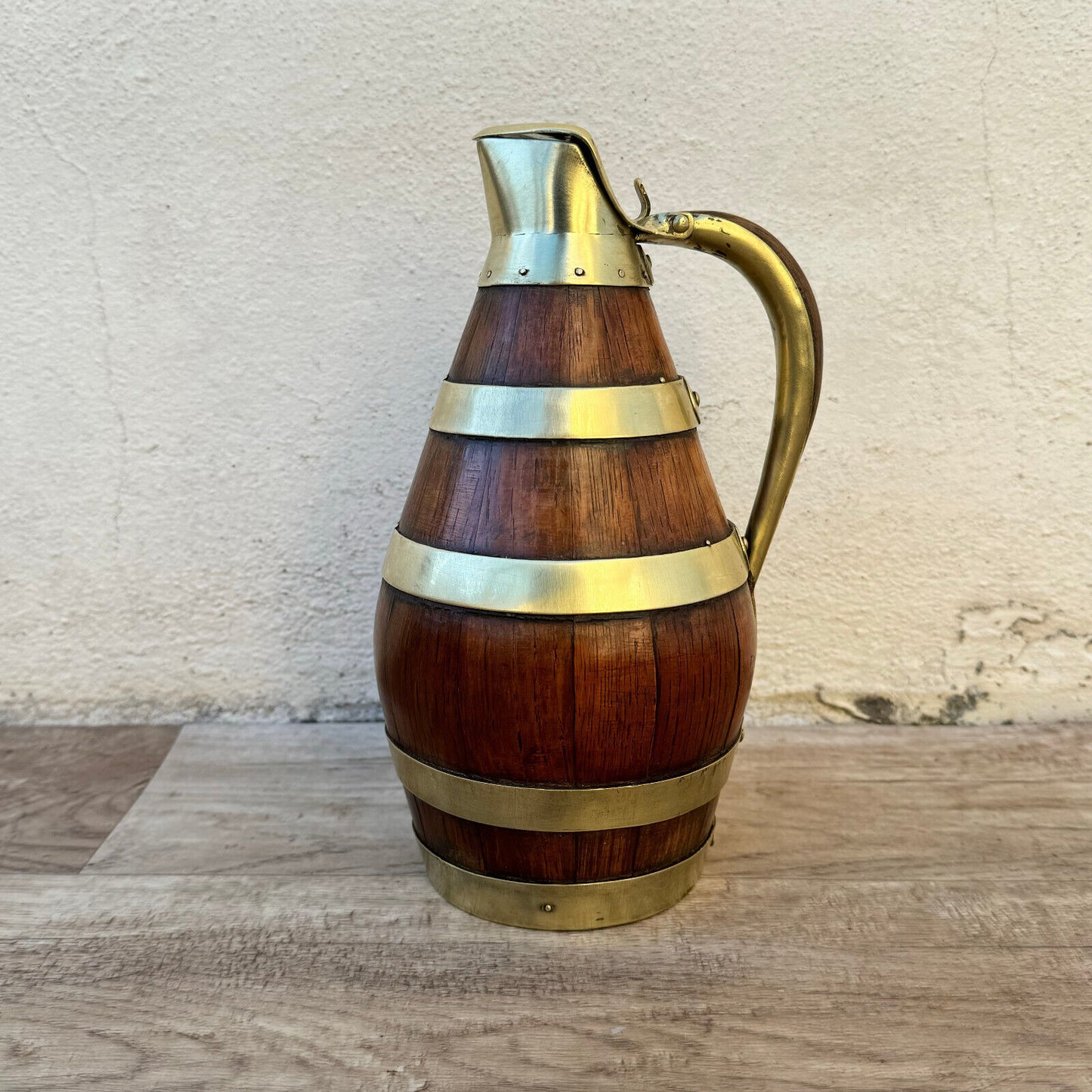 Vintage French Wooden Wine Cider Jug Pitcher Staved Wood Metal 9 1/4" 04052410 - Fleamarketfrance