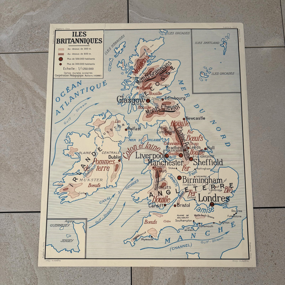Vintage French School Wall Map China British Isles Double-Sided 20082624 Fleamarketfrance