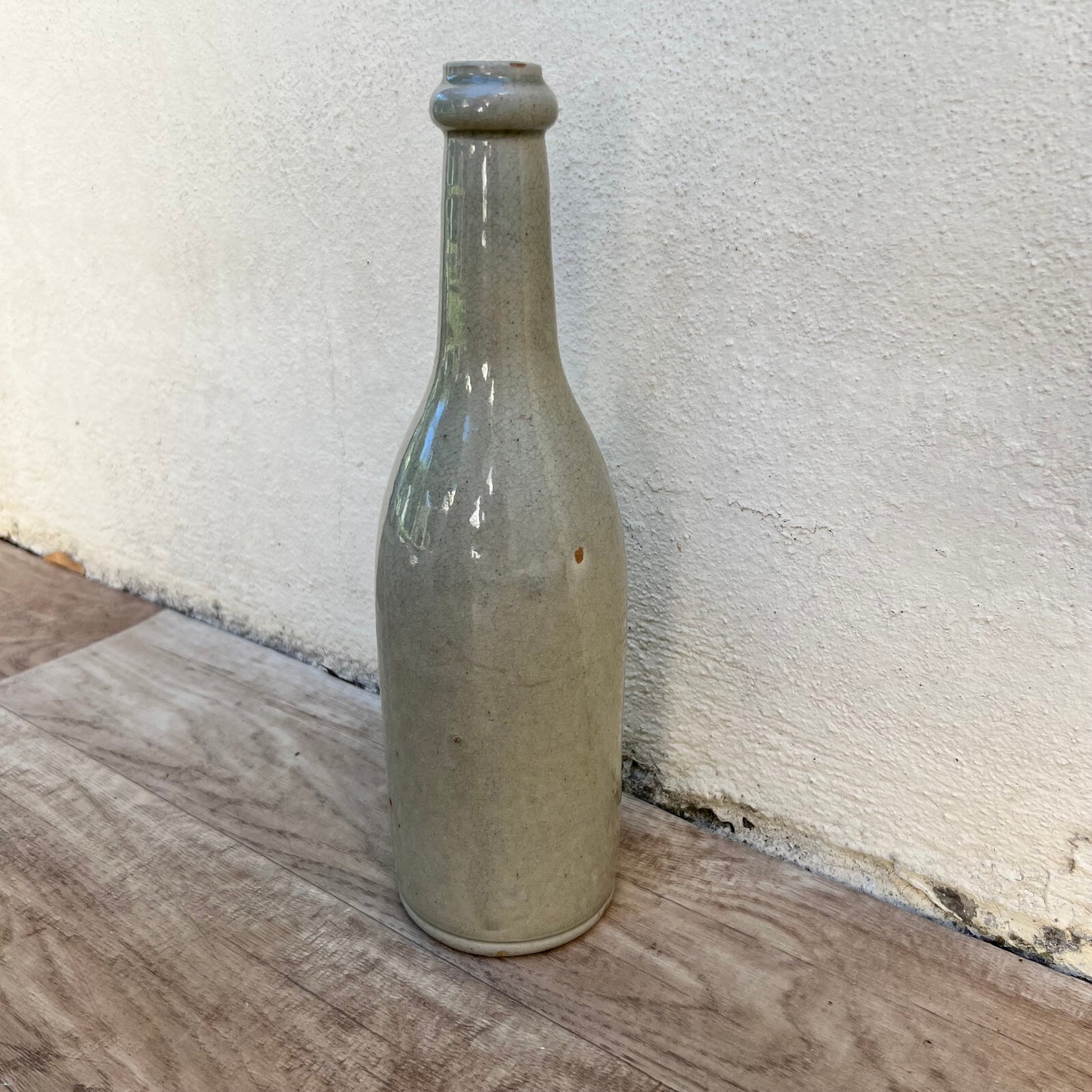 French Stoneware Bottle Vintage Wine Water Jug Green Glaze 11.5" 0610249 Unmarked