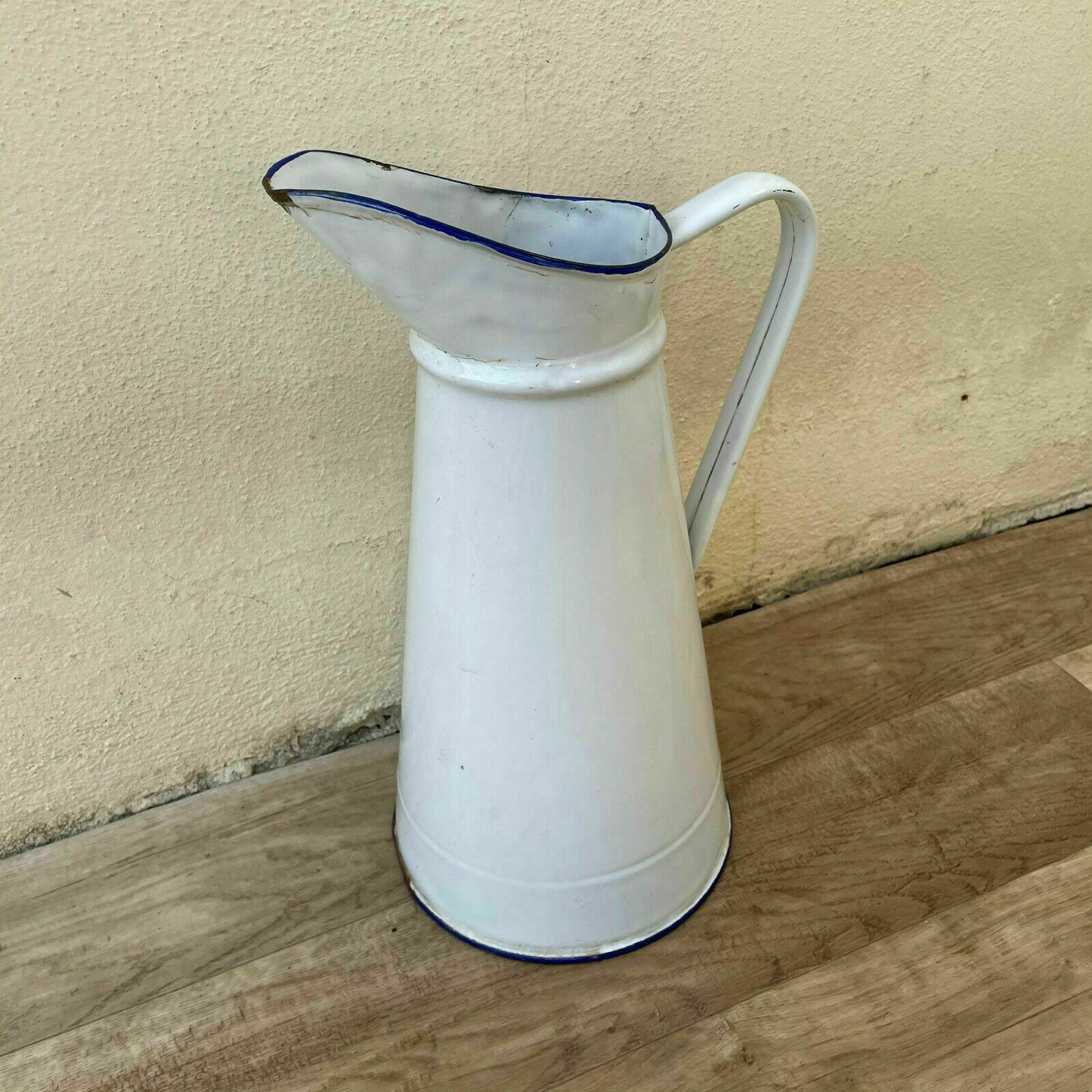 Vintage French Enamel Pitcher White Blue Rim Water Jug Farmhouse 18042125 Fleamarketfrance