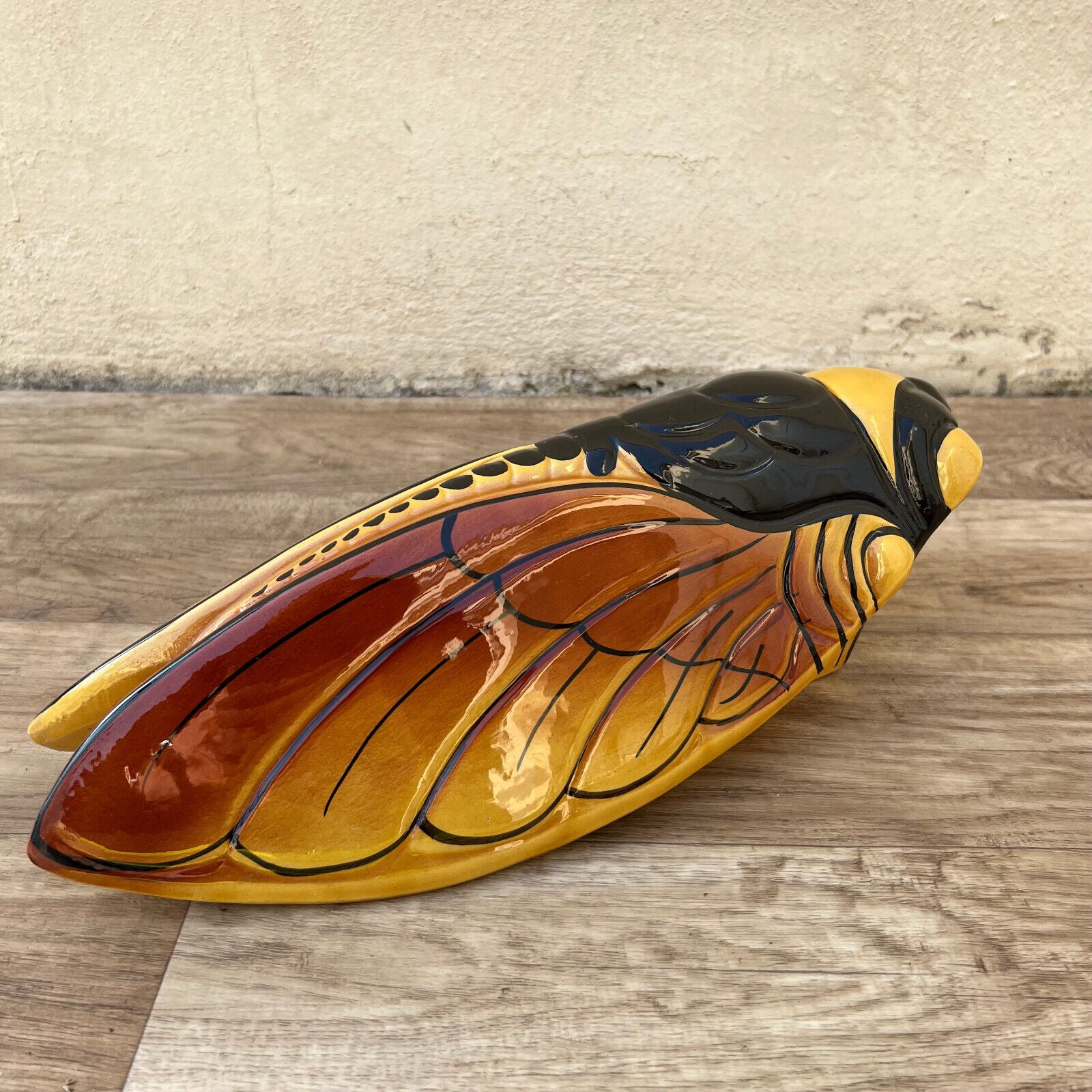 Vintage French MAJOLICA CICADA WALL POCKET VASE Provence BIG 12102416 - Fleamarketfrance