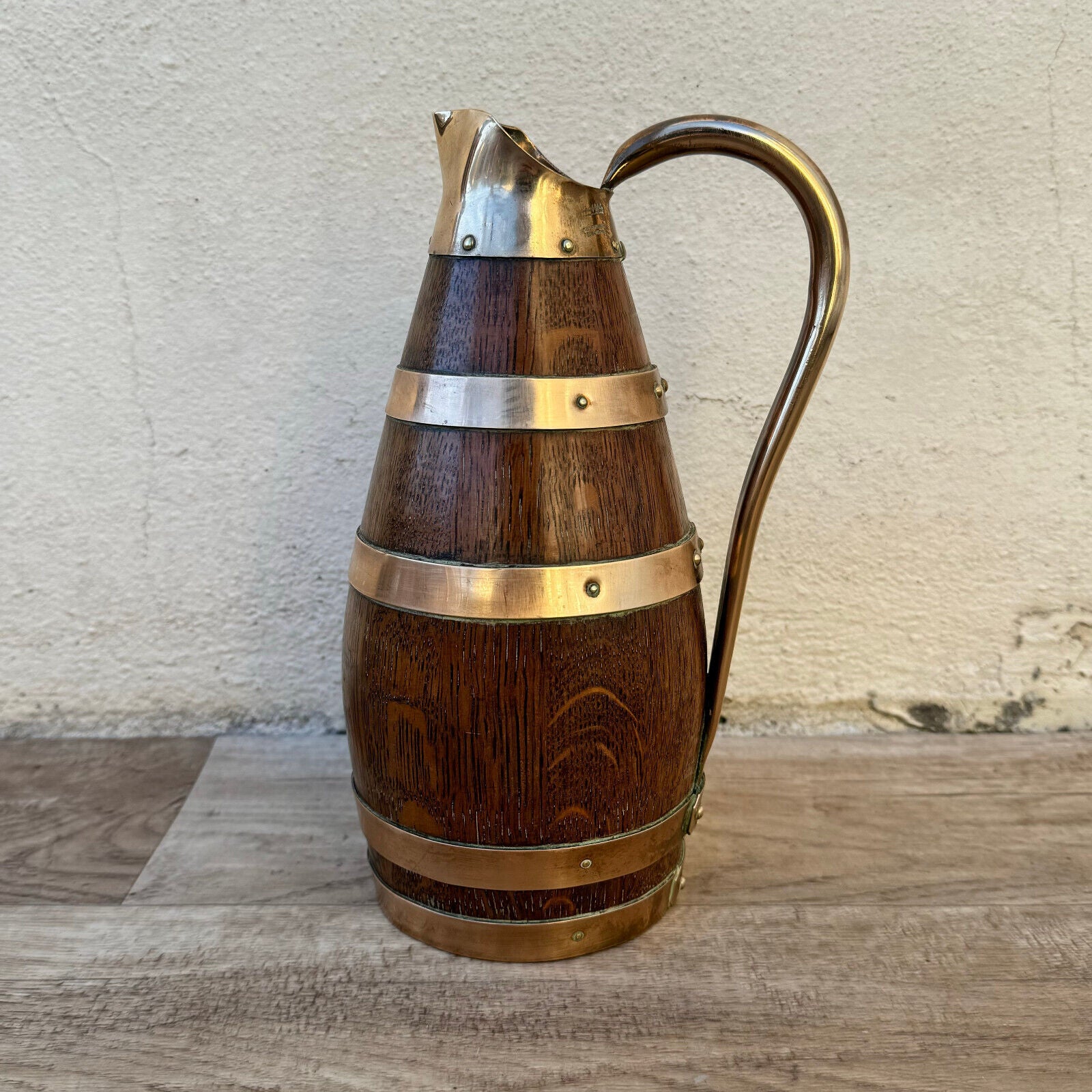 Vintage French Wooden Wine Cider Jug Pitcher Staved Wood Metal 9 1/2" 0405246 - Fleamarketfrance