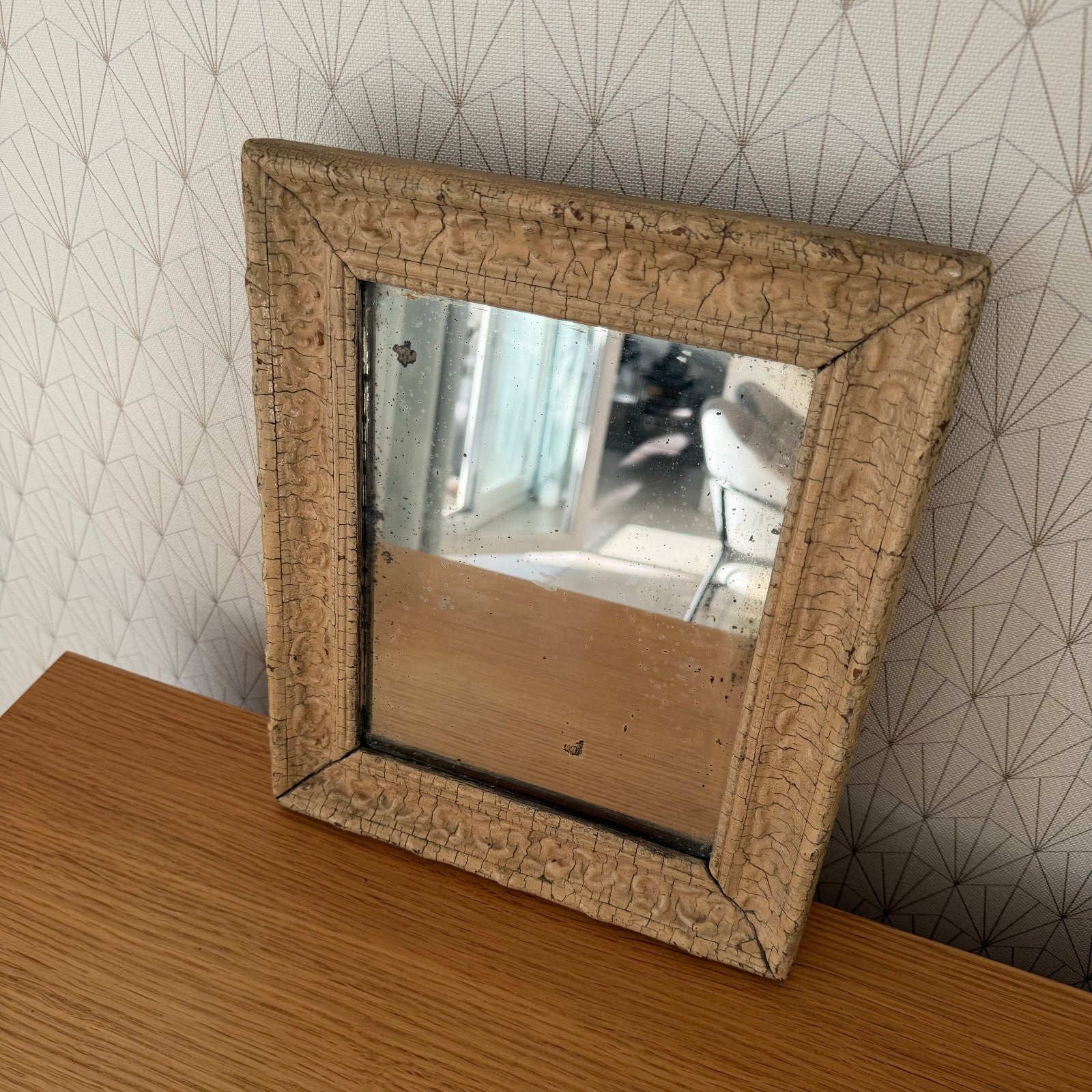 Vintage French Crackled Mirror Aged Wood Frame Foxed Glass 1930s 0302264 Fleamarketfrance