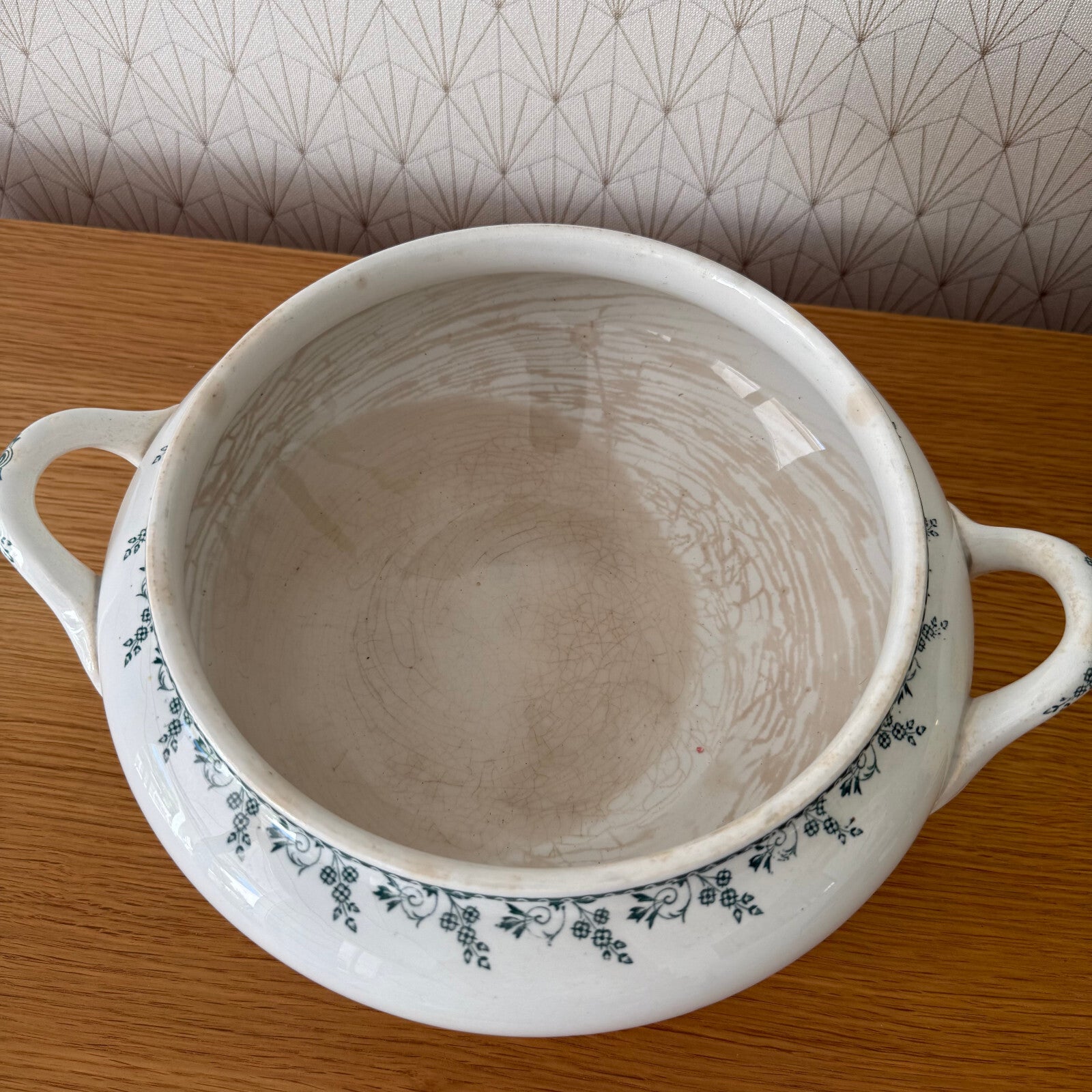 French Vintage Tureen Montigny Green White Earthenware Soup Bowl 0405252 Fleamarketfrance