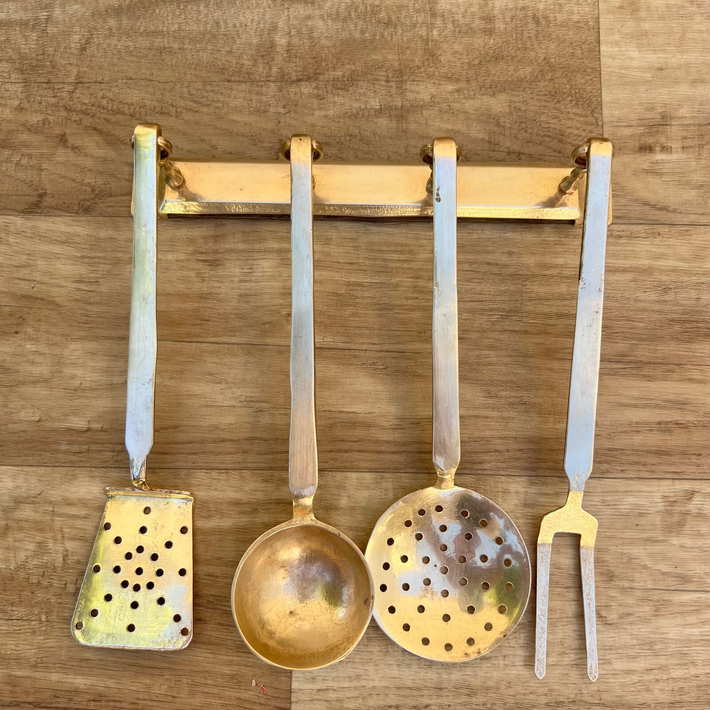 Vintage French Brass Kitchen Utensils Set 4 Pieces Hanging Bar 2307227 Unbranded
