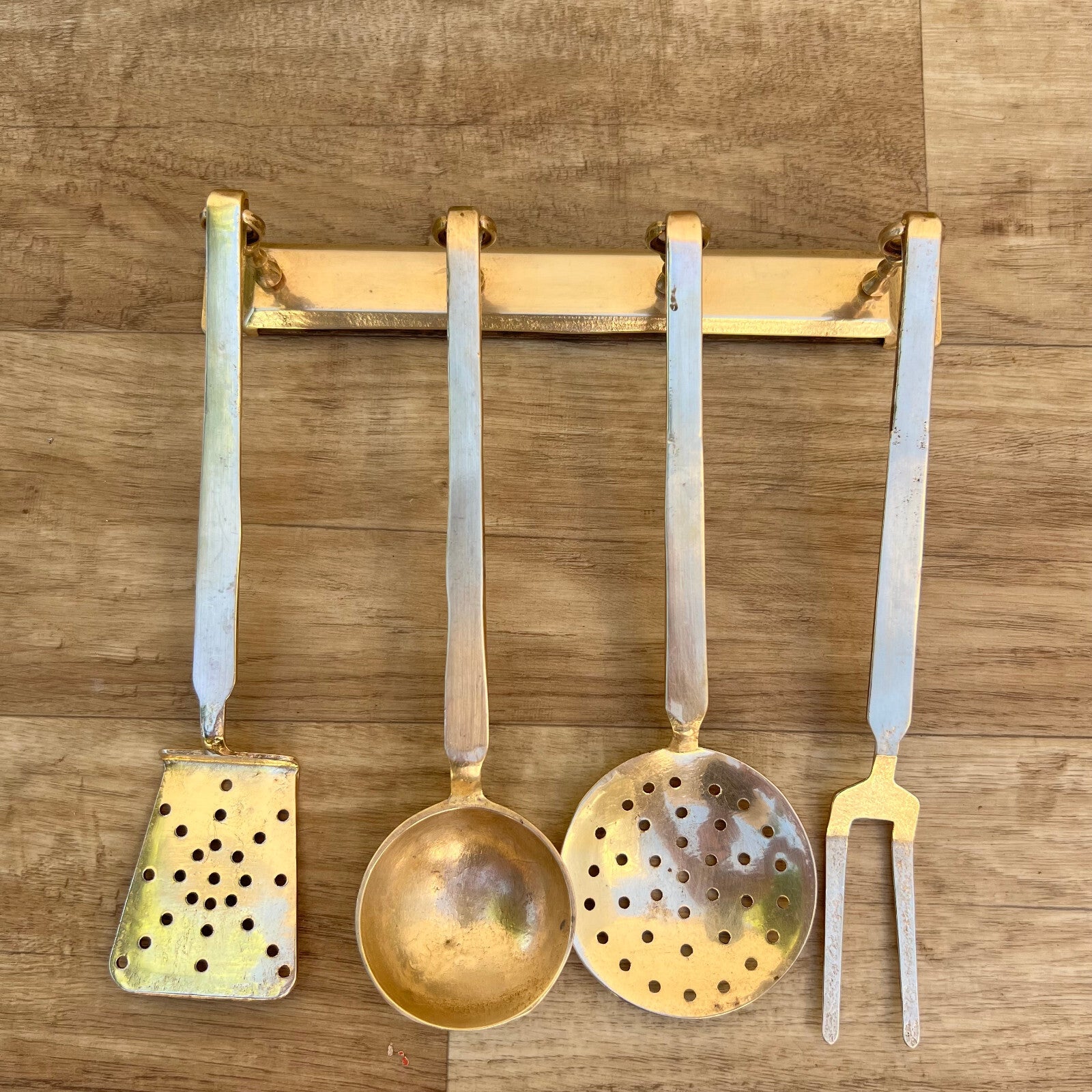 Vintage French Brass Kitchen Utensils Set 4 Pieces Hanging Bar 2307227 Unbranded