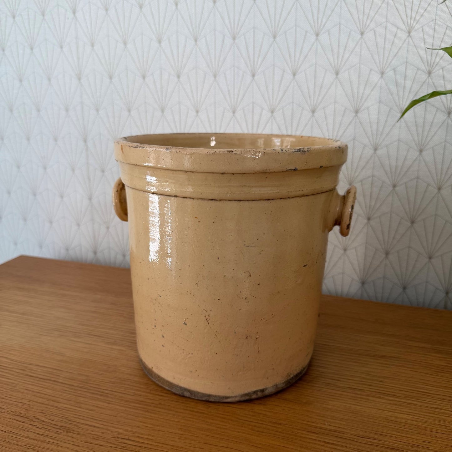 Antique French stoneware crock with rim detail and side handles