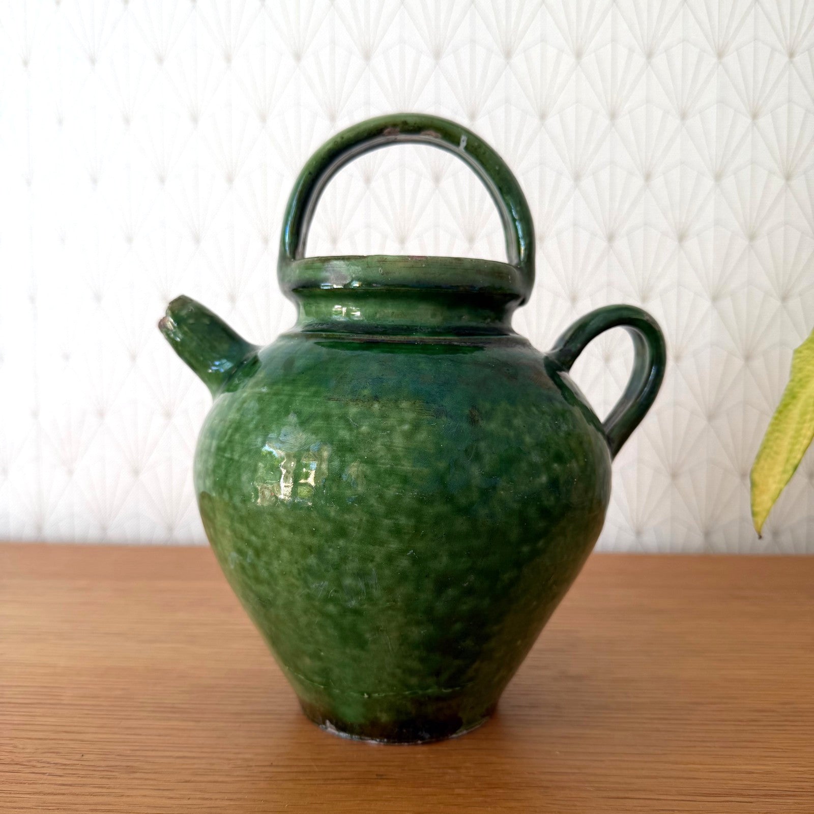 Vintage French Green Glazed Water Jug Gargoulette Pottery 9.4" 28052611 Fleamarketfrance