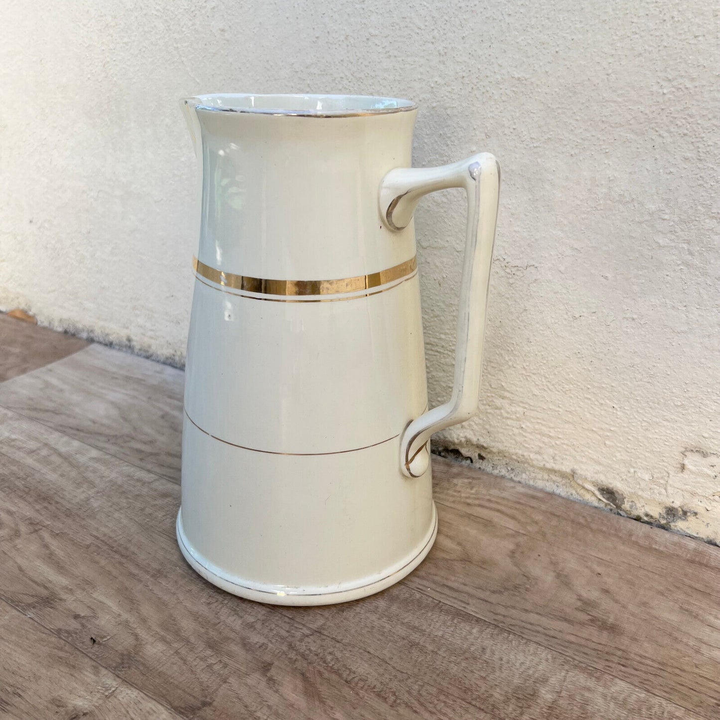 Vintage French Enamel pitcher jug water white gold st amand et hamage 06102411 - Fleamarketfrance