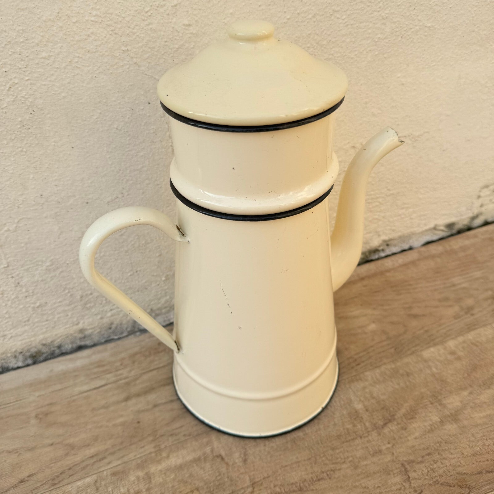 French Enamelware Coffee Pot Cream Black Trim Vintage Camping Kitchen 0602248 Fleamarketfrance