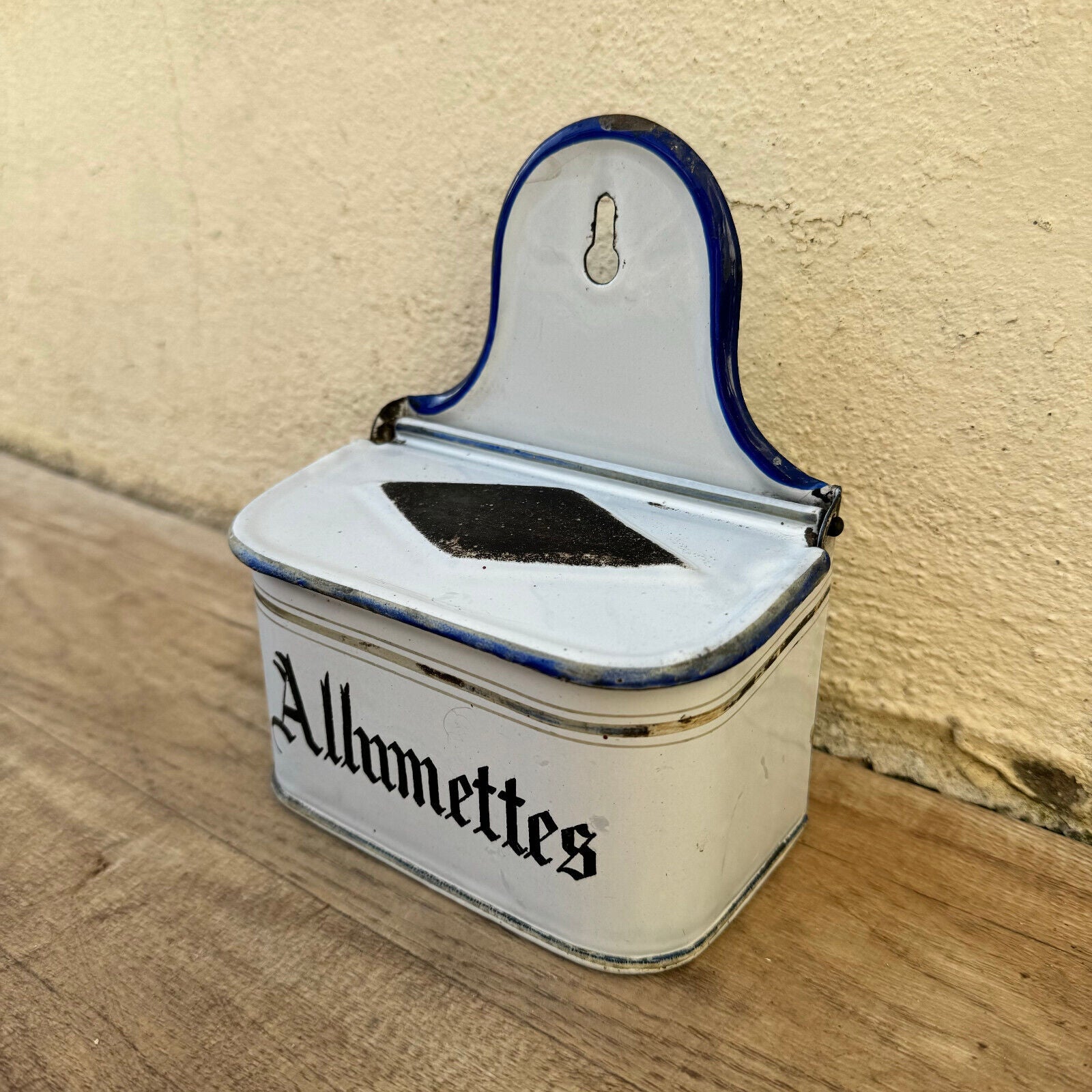 Vintage French Enamel BOX Matchbox Match Striker Lid Wall Hanging 31012411 - Fleamarketfrance