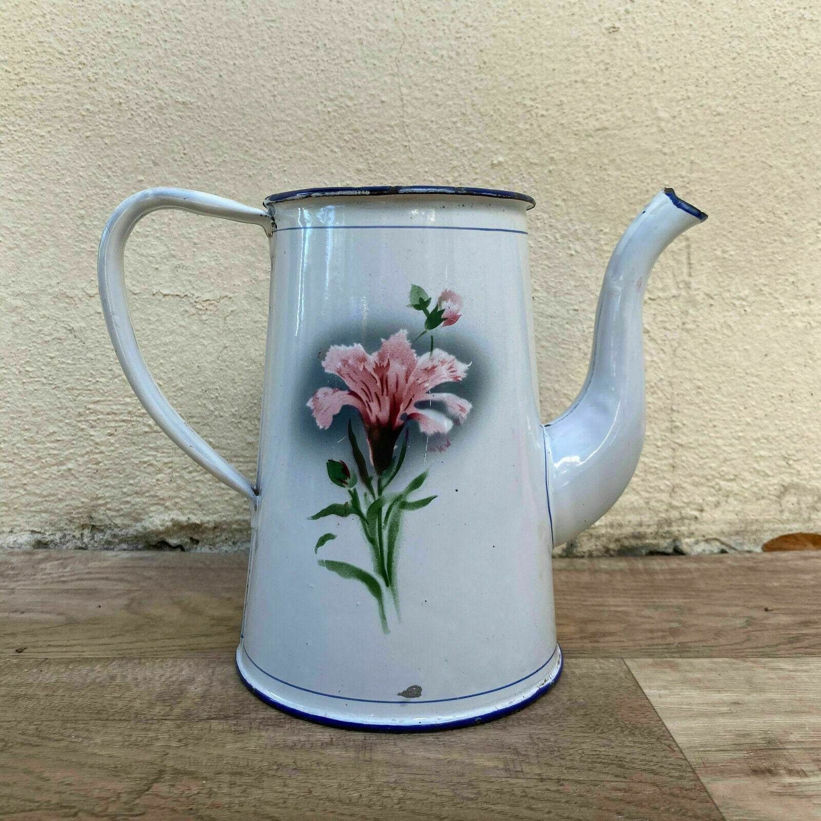French Enamel Coffee Pot White Floral Enamelware Cafetiere Vintage 30012116 Fleamarketfrance
