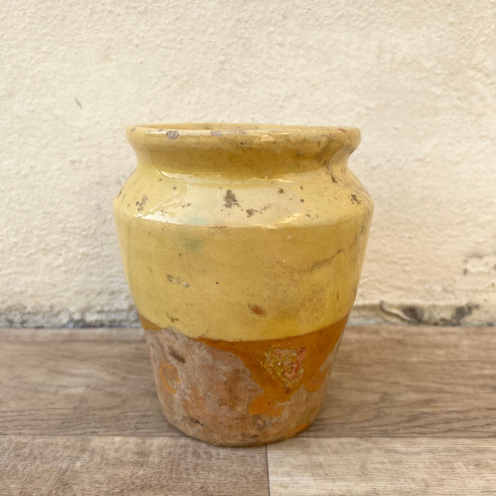 HANDMADE GLAZED YELLOW ANTIQUE FRENCH MUSTARD POT 6" TERRACOTTA 0406251 Unmarked