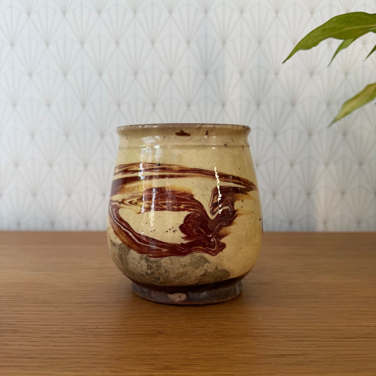 Vintage French Honey Pot Glazed Terracotta Yellow Marbled Brown Round 1006264 Unmarked