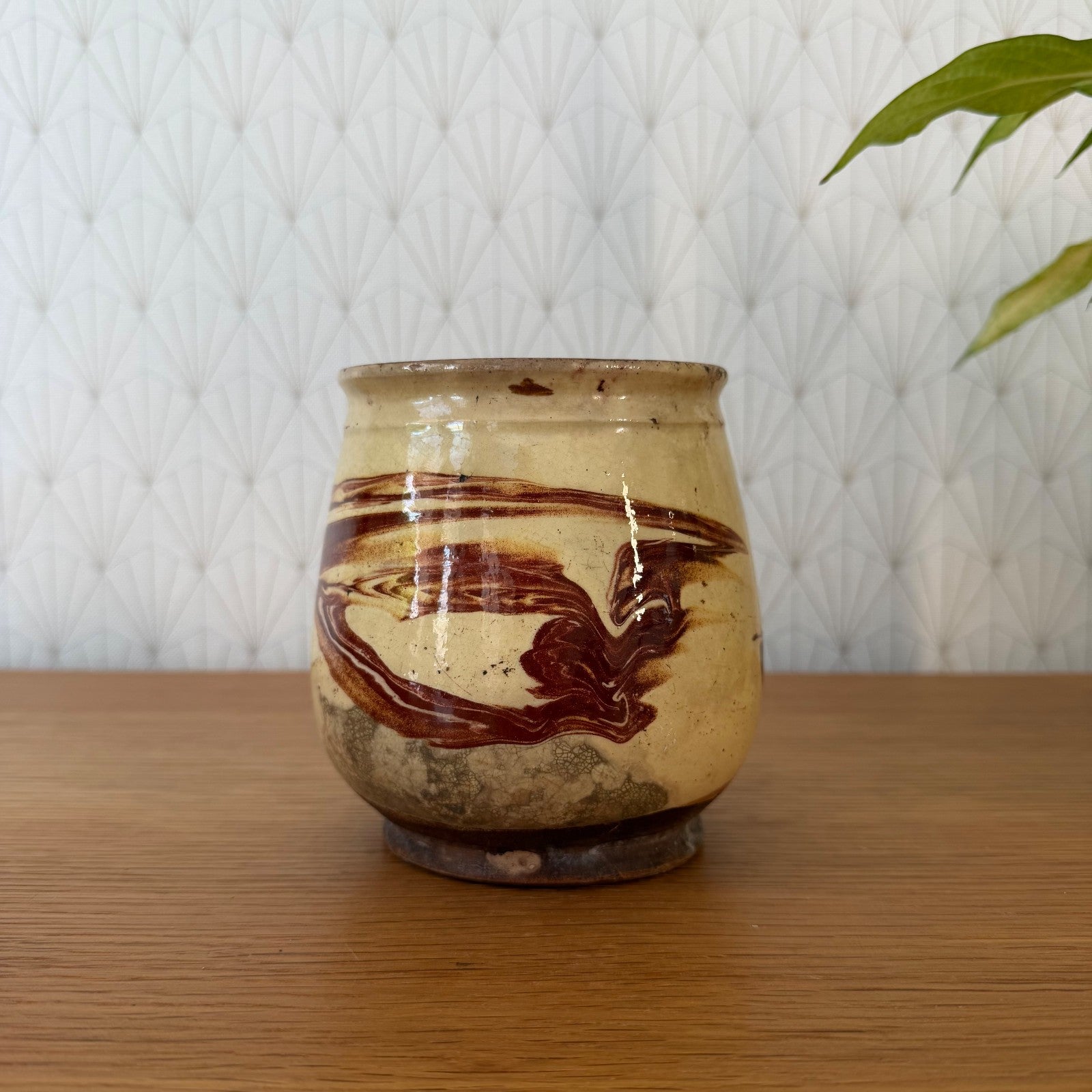 Vintage French Honey Pot Glazed Terracotta Yellow Marbled Brown Round 1006264 Unmarked