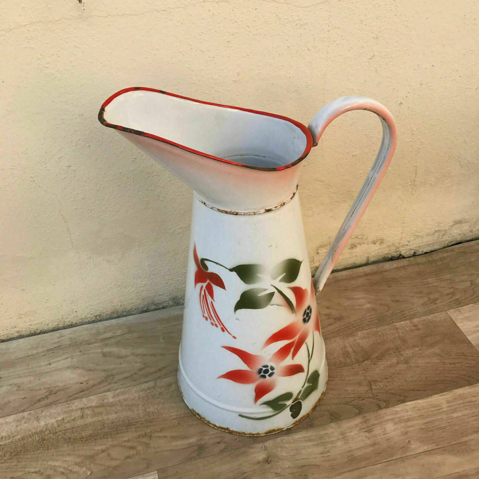 French enamelware pitcher white floral vintage water jug enameled 2601182 Unbranded