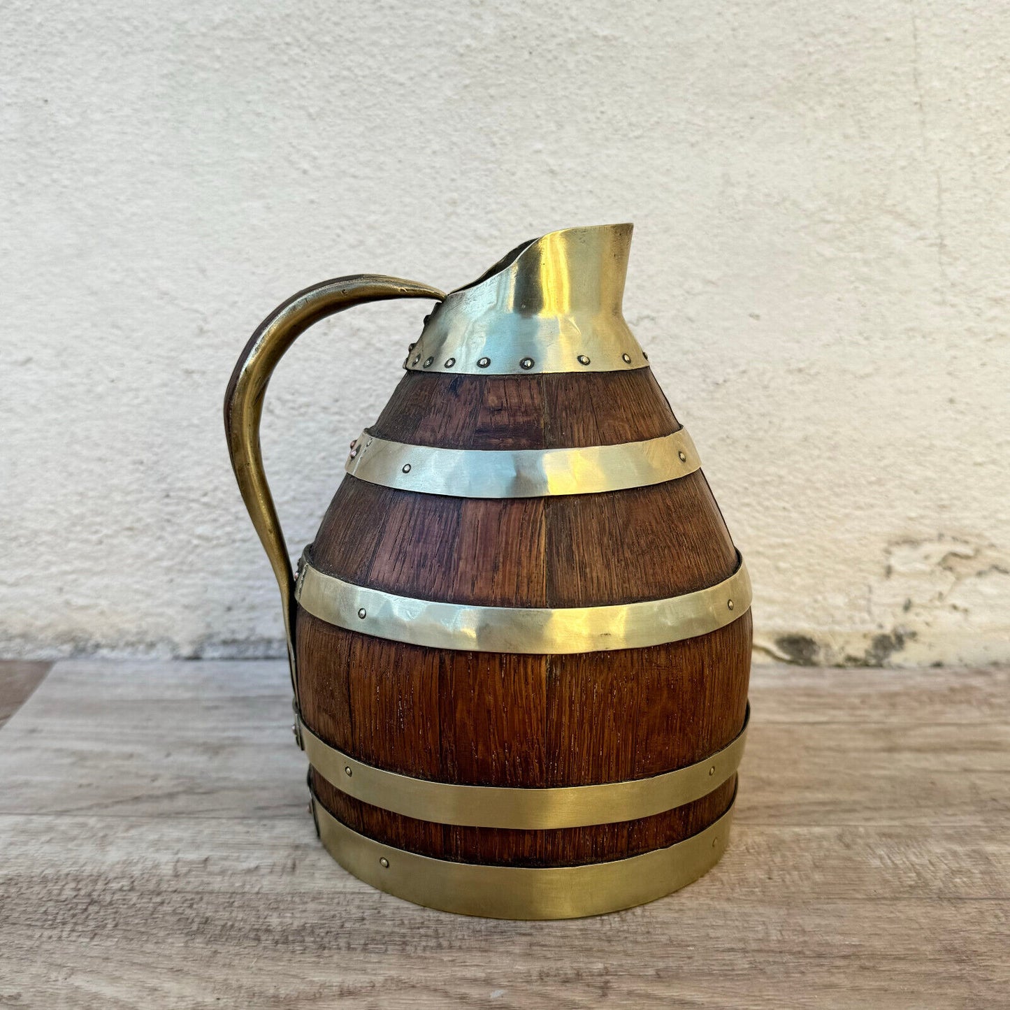 Vintage French Wooden Wine Cider Jug Pitcher Staved Wood Metal 6 3/4" 0405249 - Fleamarketfrance