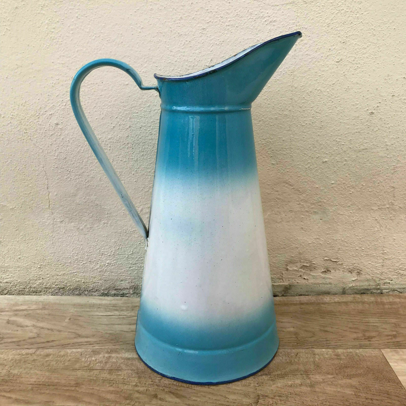 Vintage French Enamel pitcher jug water enameled blue white 0802187 - Fleamarketfrance