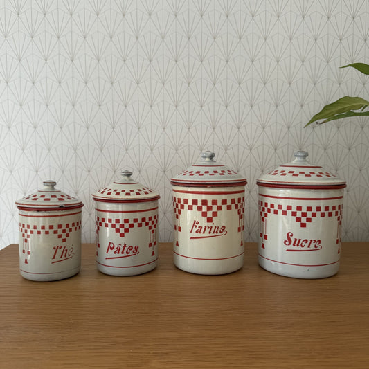 Bistro Set 4 French Enameled Vintage Canisters Lustucru 1900 s 2101261 Fleamarketfrance : French vintage and antique decor