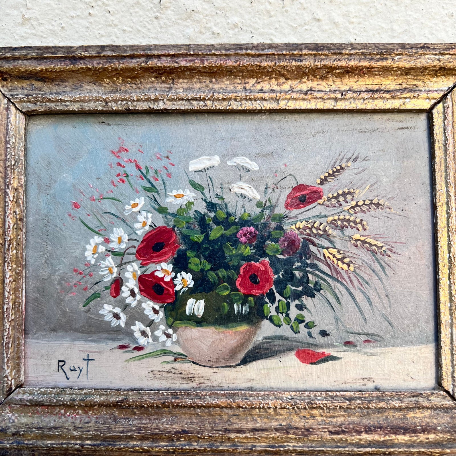Small French still life flowers poppies painting framed and signed 0610243 Fleamarketfrance
