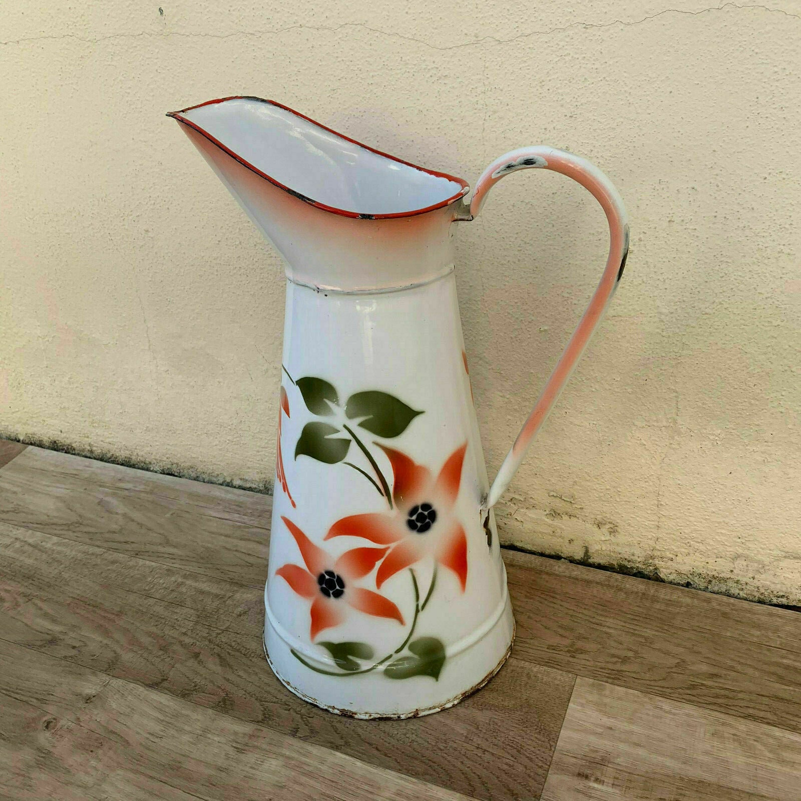 Vintage French Enamel pitcher jug water enameled white flowers RARE 0603191 - Fleamarketfrance