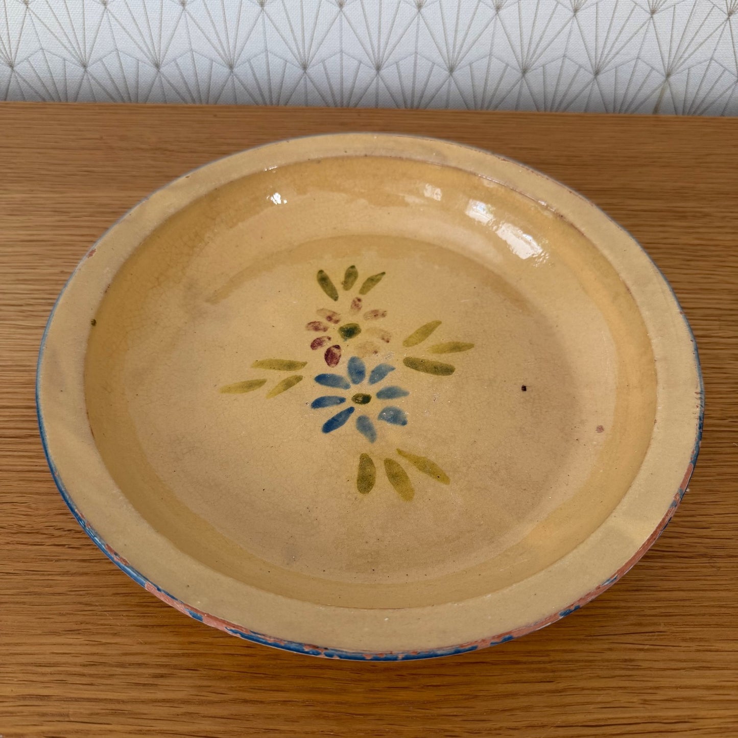 Antique French Terracotta Plate Ochre Glaze Floral Decor 04092627
