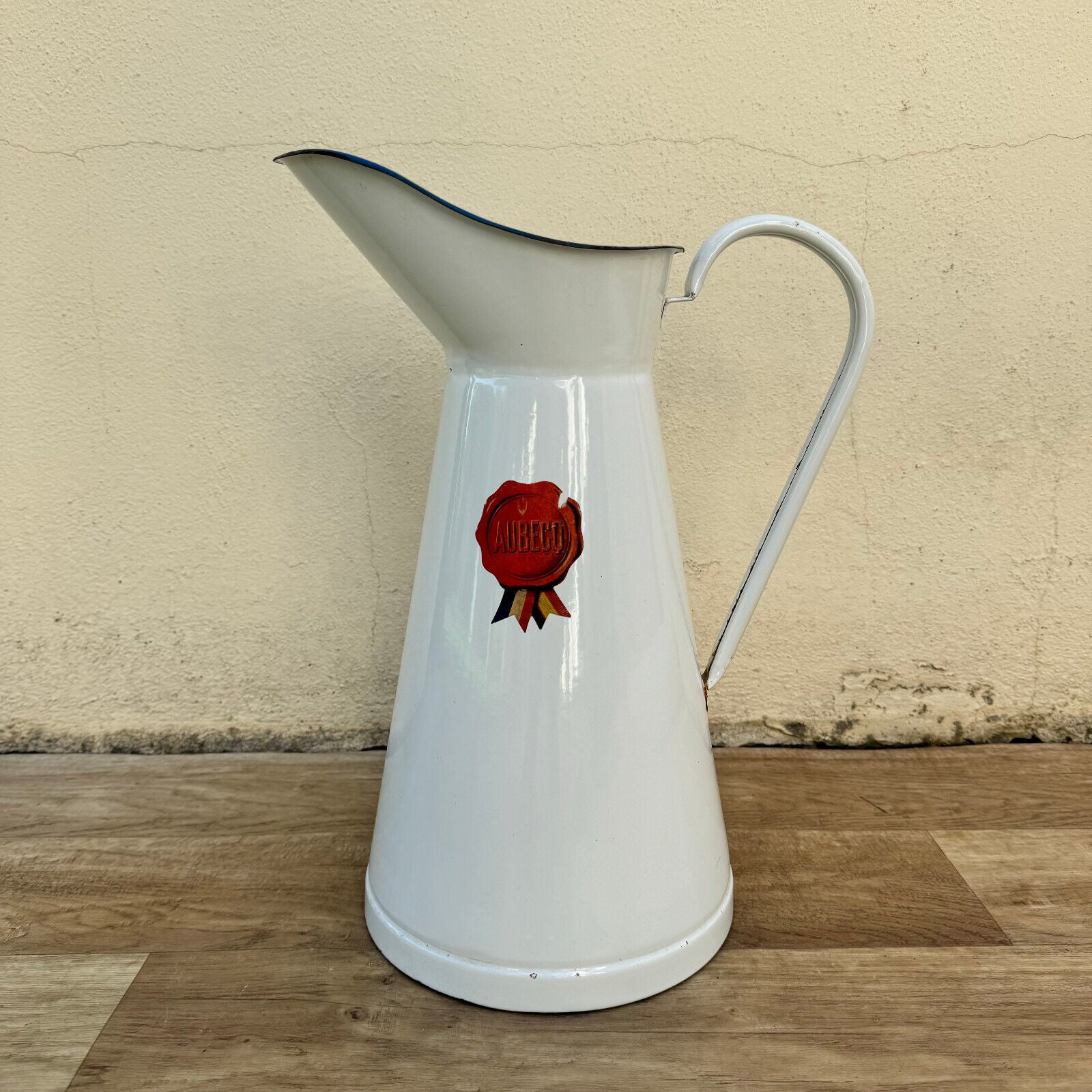 Vintage French Enamel pitcher jug water enameled white with tags 1906249 - Fleamarketfrance