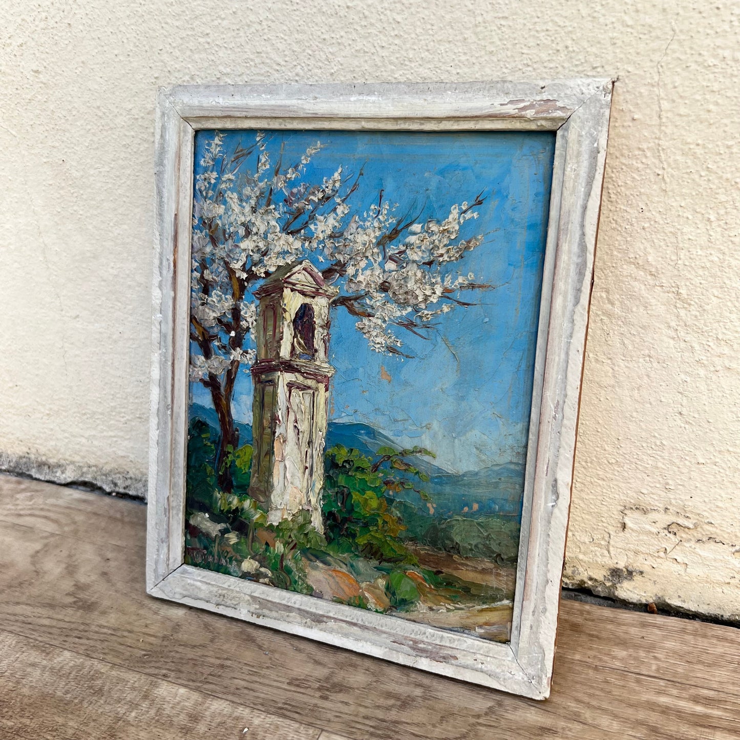 French Provence Oil Painting Bell Tower Landscape Signed Antique 02102214 Fleamarketfrance