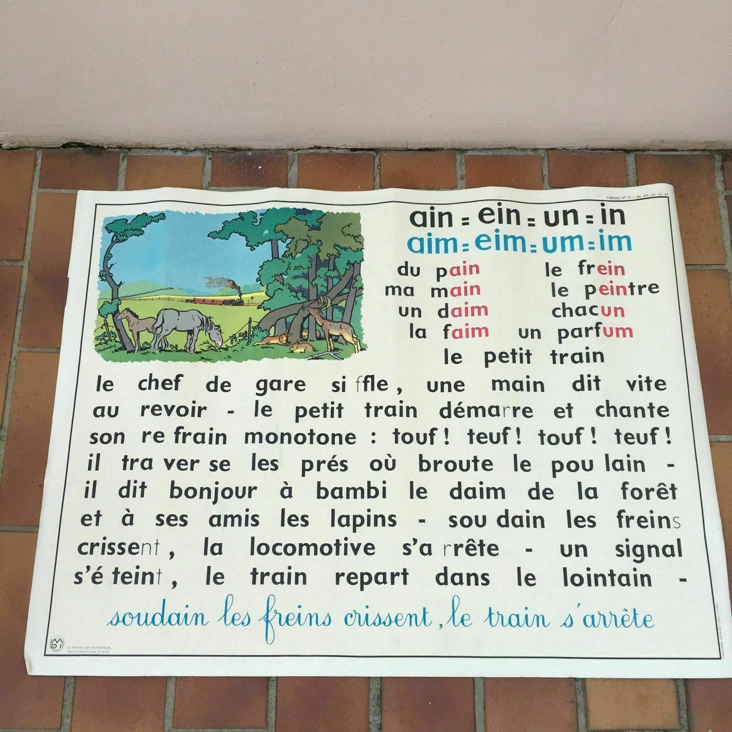 Vintage French School Poster Educational Double Sided Train Phonics 1950s 1 Fleamarketfrance