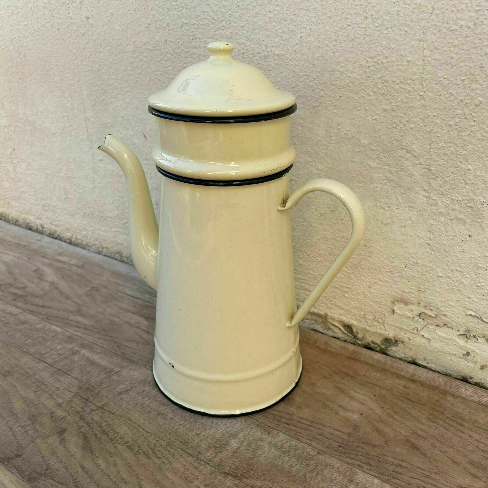 Vintage French Enamelware Enameled BEIGE Enamel Coffee Pot 0311215 - Fleamarketfrance