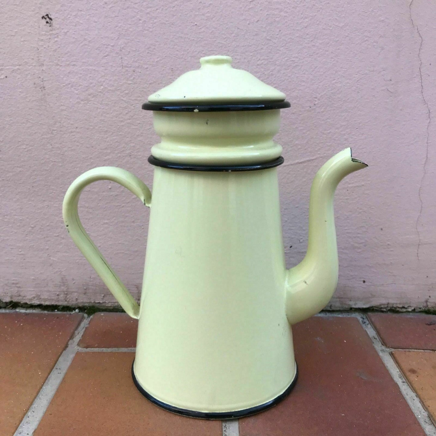 Vintage French Enamel Coffee Pot Green Yellow Black Trim Kitchenware 4 Fleamarketfrance
