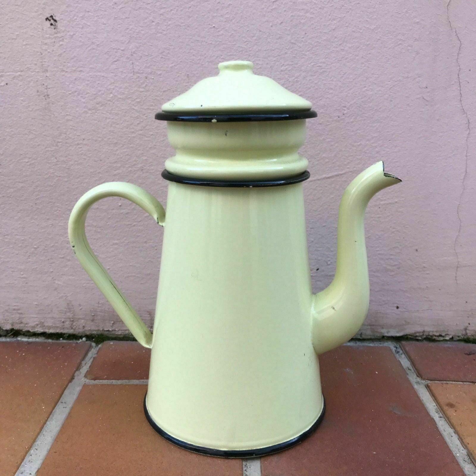 Vintage French Enamel Coffee Pot Green Yellow Black Trim Kitchenware 4 Fleamarketfrance
