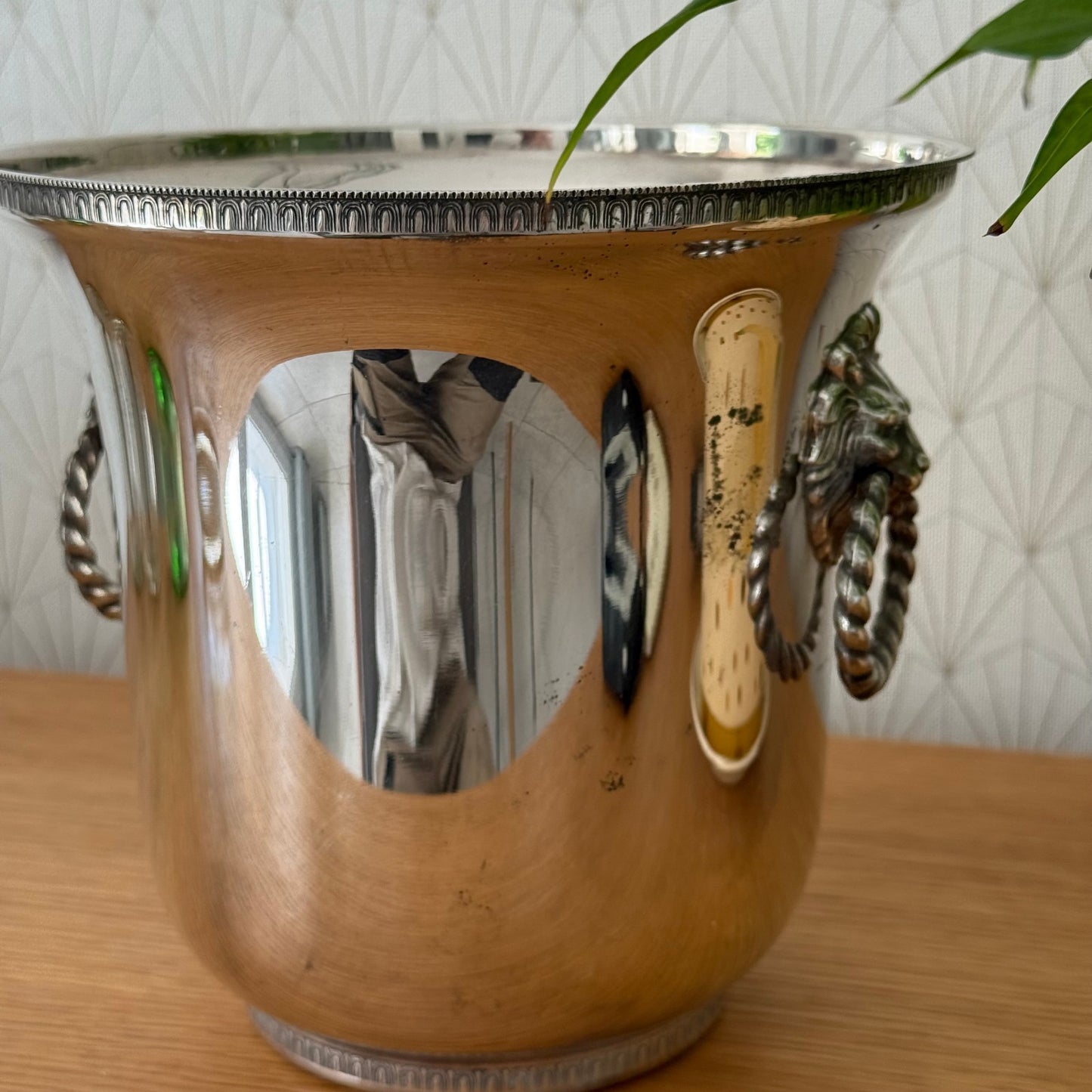 Vintage French Champagne Silverplate Ice Bucket Cooler Lion Head Handles 1907256