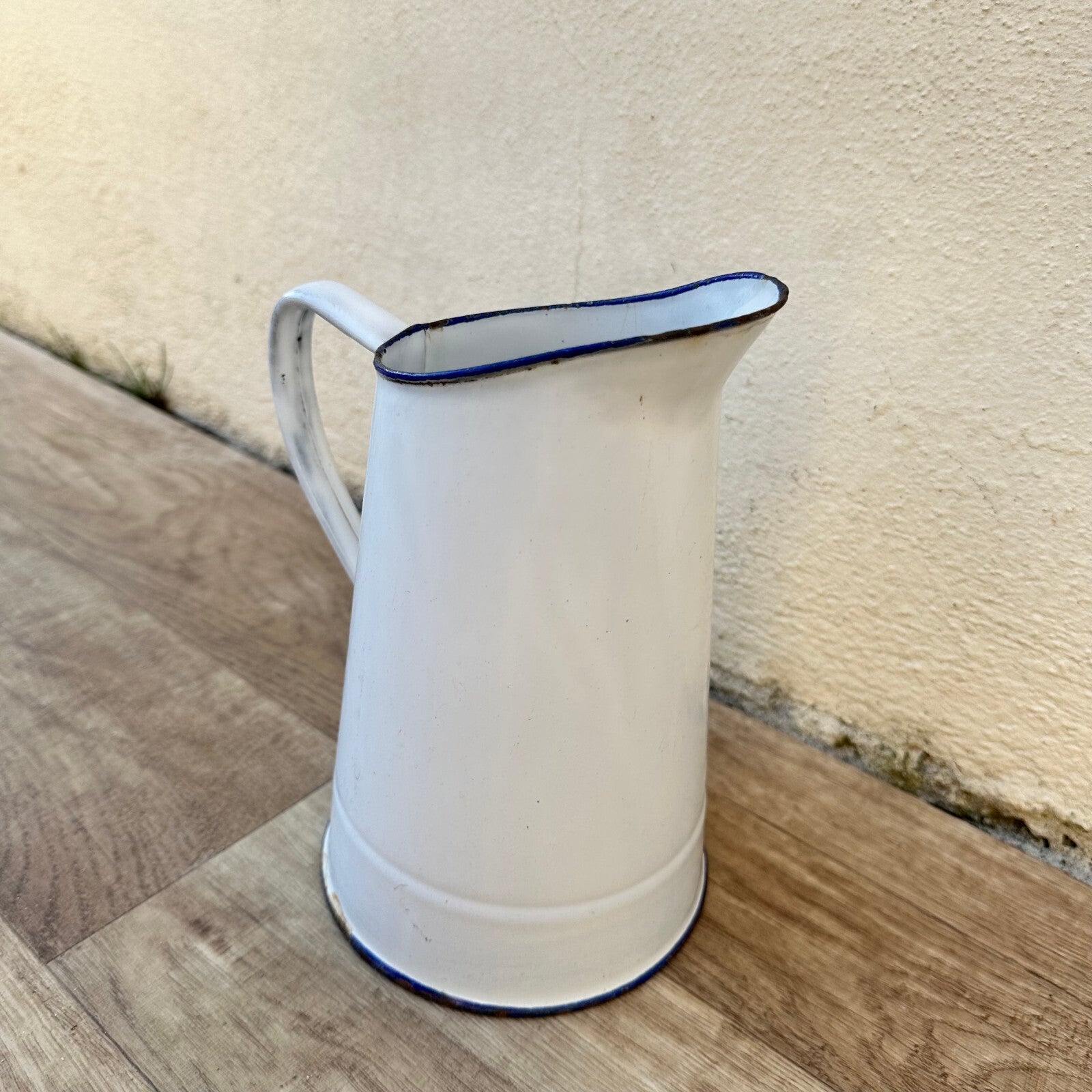 French Enamelware Pitcher White Blue Rim Vintage Water Jug 8" 2509241 Fleamarketfrance
