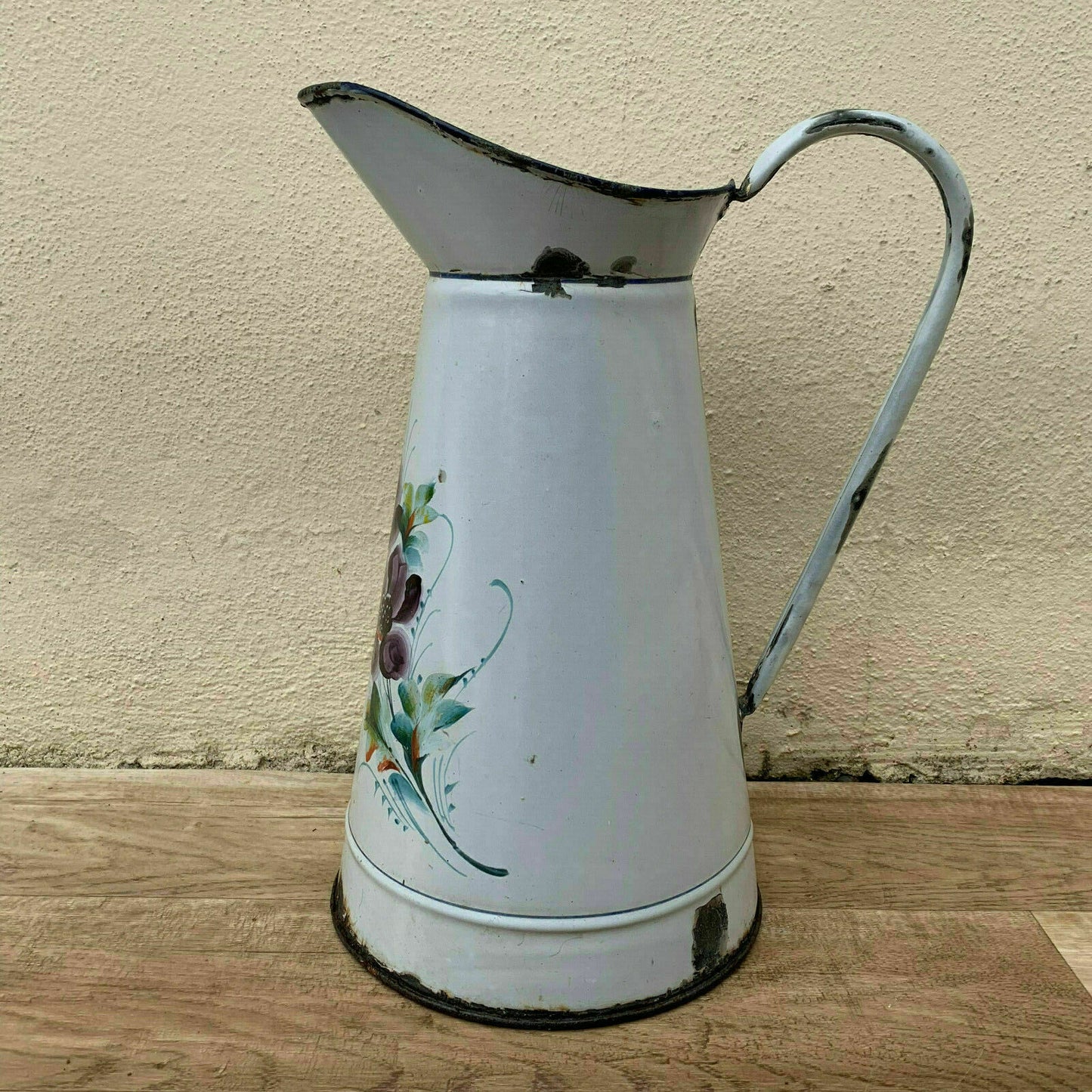 Antique French Enamelware Pitcher Purple Floral White Water Jug 0604194 Unbranded