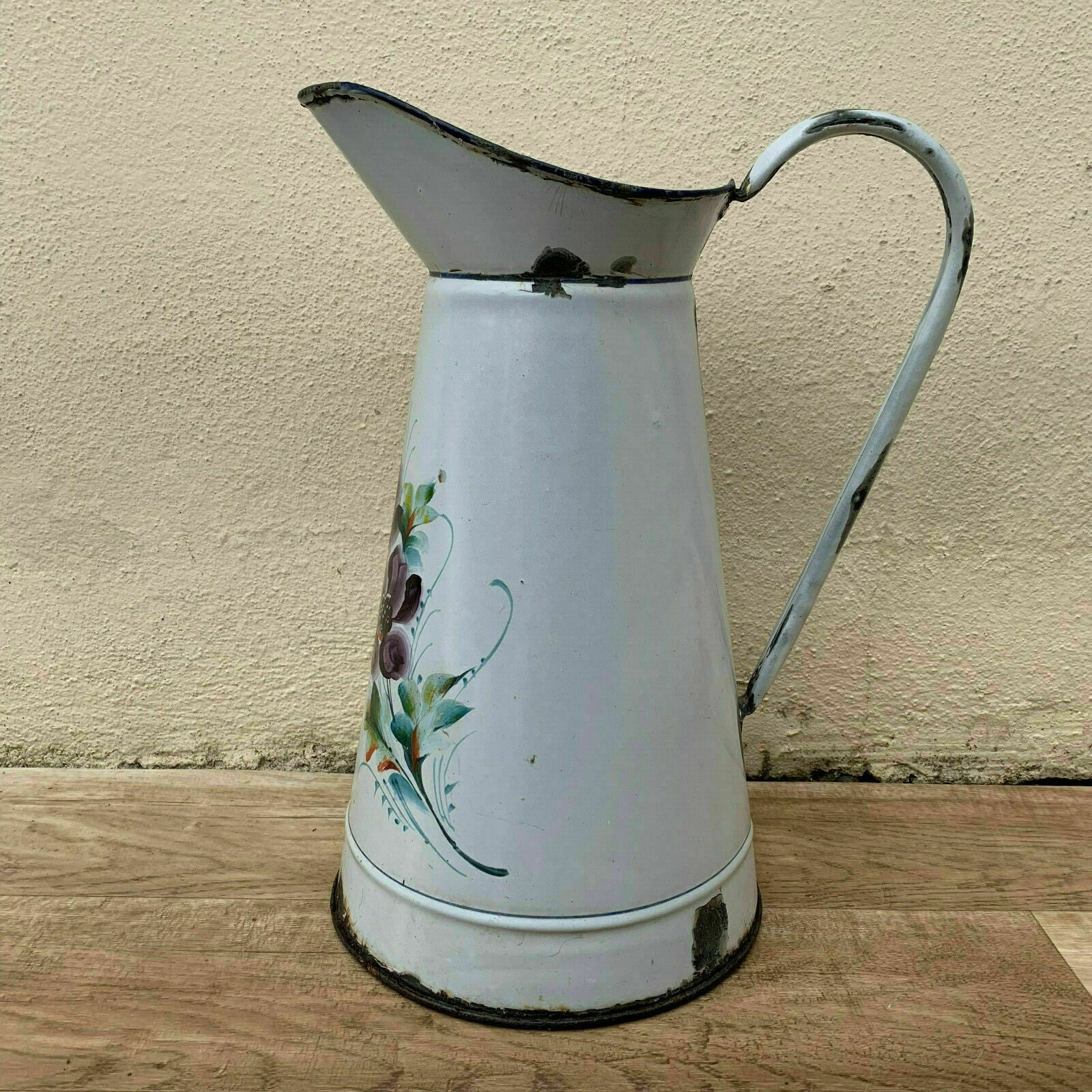 Antique French Enamelware Pitcher Purple Floral White Water Jug 0604194 Unbranded