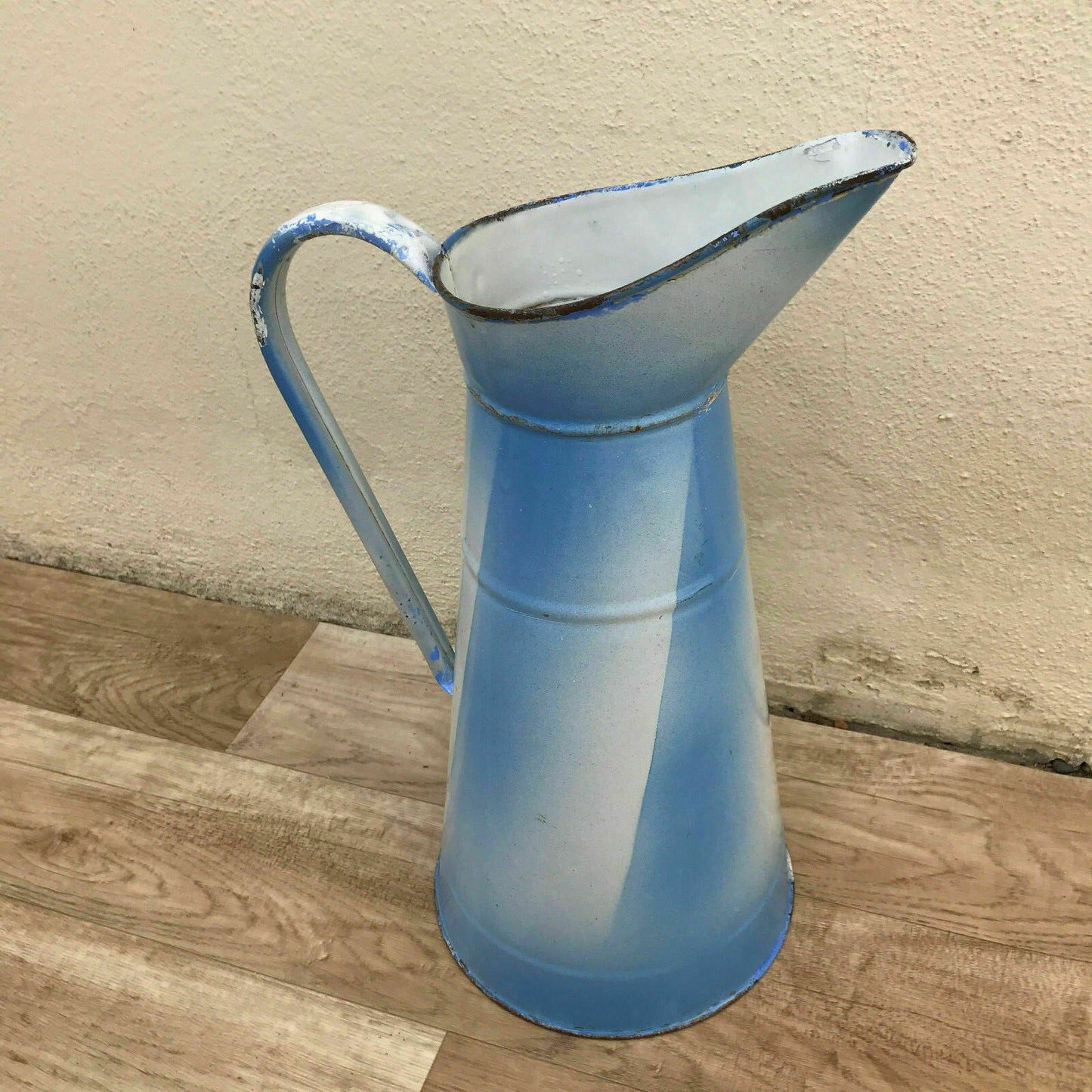 Vintage French Enamel pitcher jug water enameled white blue 3010179 - Fleamarketfrance