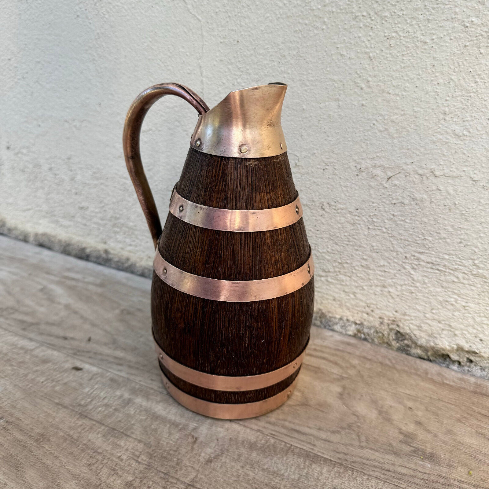 Vintage French Wooden Wine Cider Jug Pitcher Staved Wood Metal 7 3/4" 12062417 - Fleamarketfrance