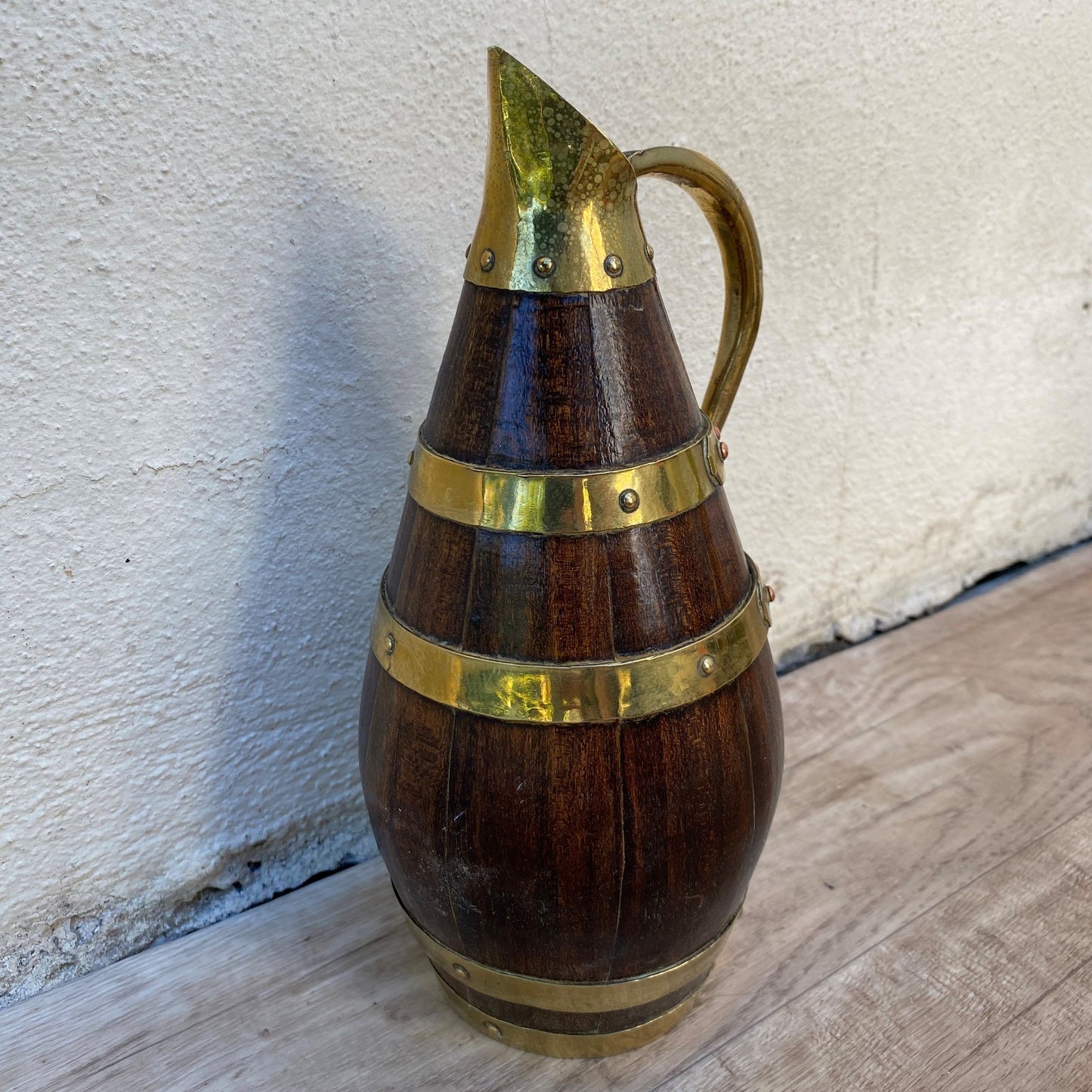 Antique French Wooden Wine Pitcher Staved Wood Brass Bands Cider Jug 07072612 Fleamarketfrance