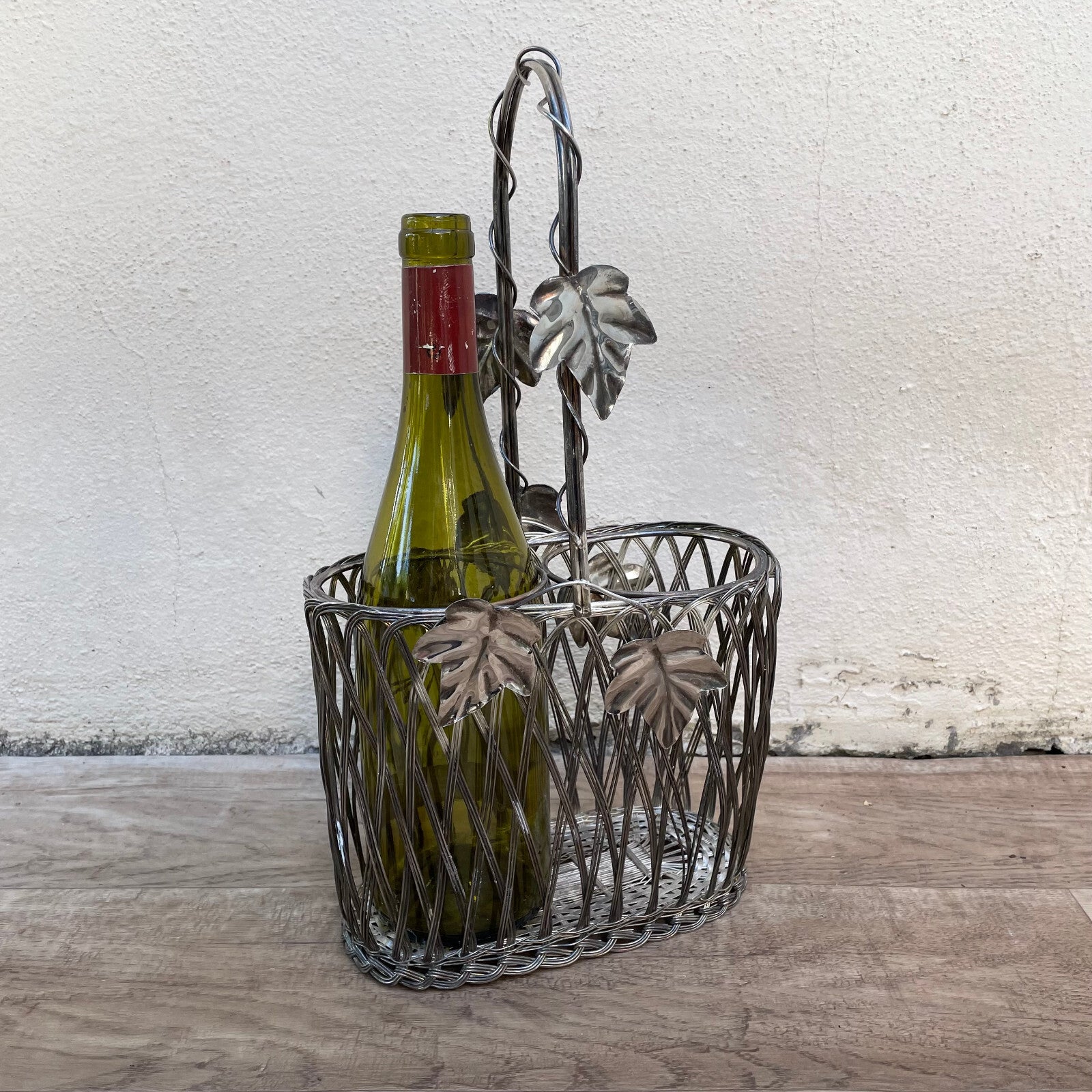 French Wire Basket Bottle Carrier Vintage Silverplate Grape Motif 2710229 Fleamarketfrance